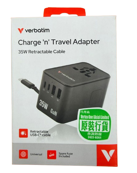 Verbatim Travel Adapter 35W Retractable Cable - 30244 - Black
