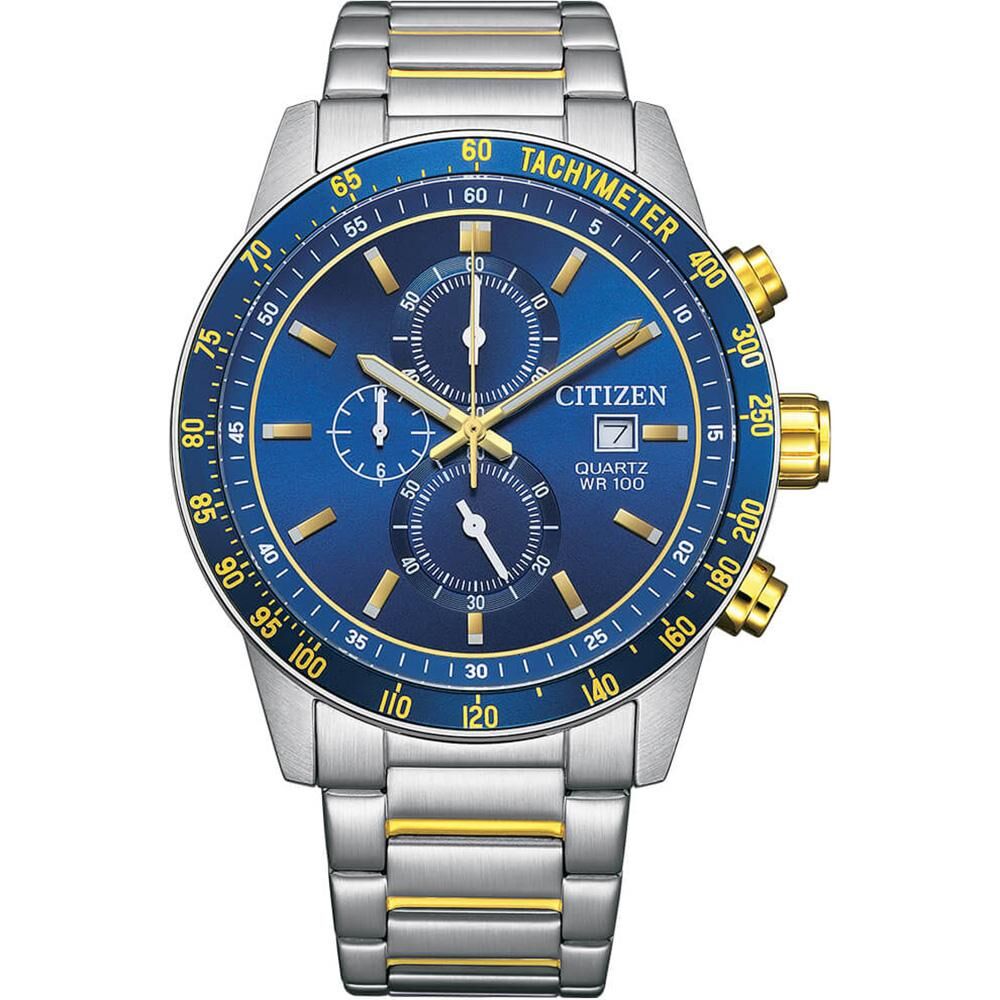 【CITIZEN 星辰】經典銀金藍 真三眼 計時 日期 夜光 不鏽鋼 手錶 AN3684-59L