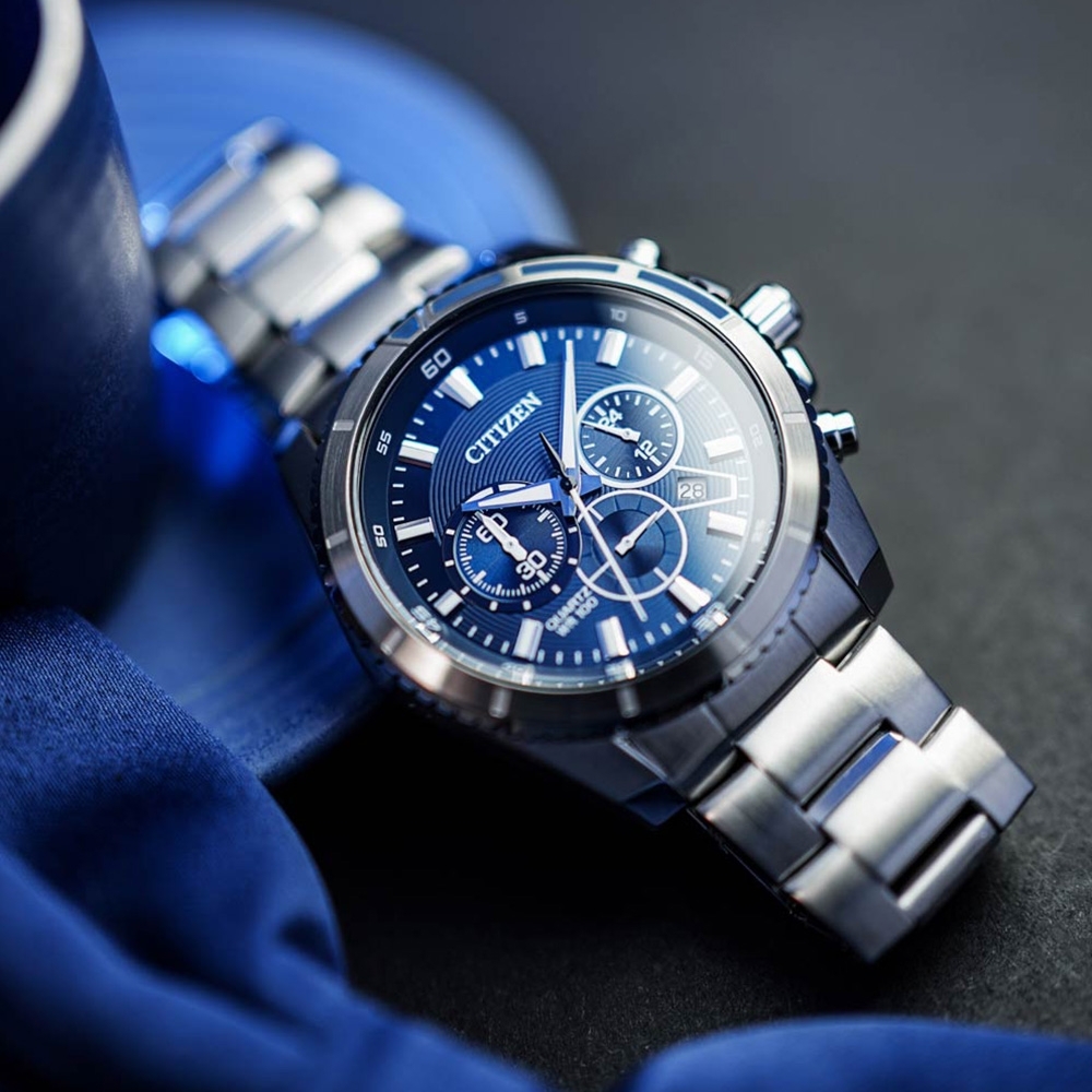 【CITIZEN 星辰】商務個性 銀藍 真三眼 計時 日期 夜光 不鏽鋼 手錶 AN8201-57L