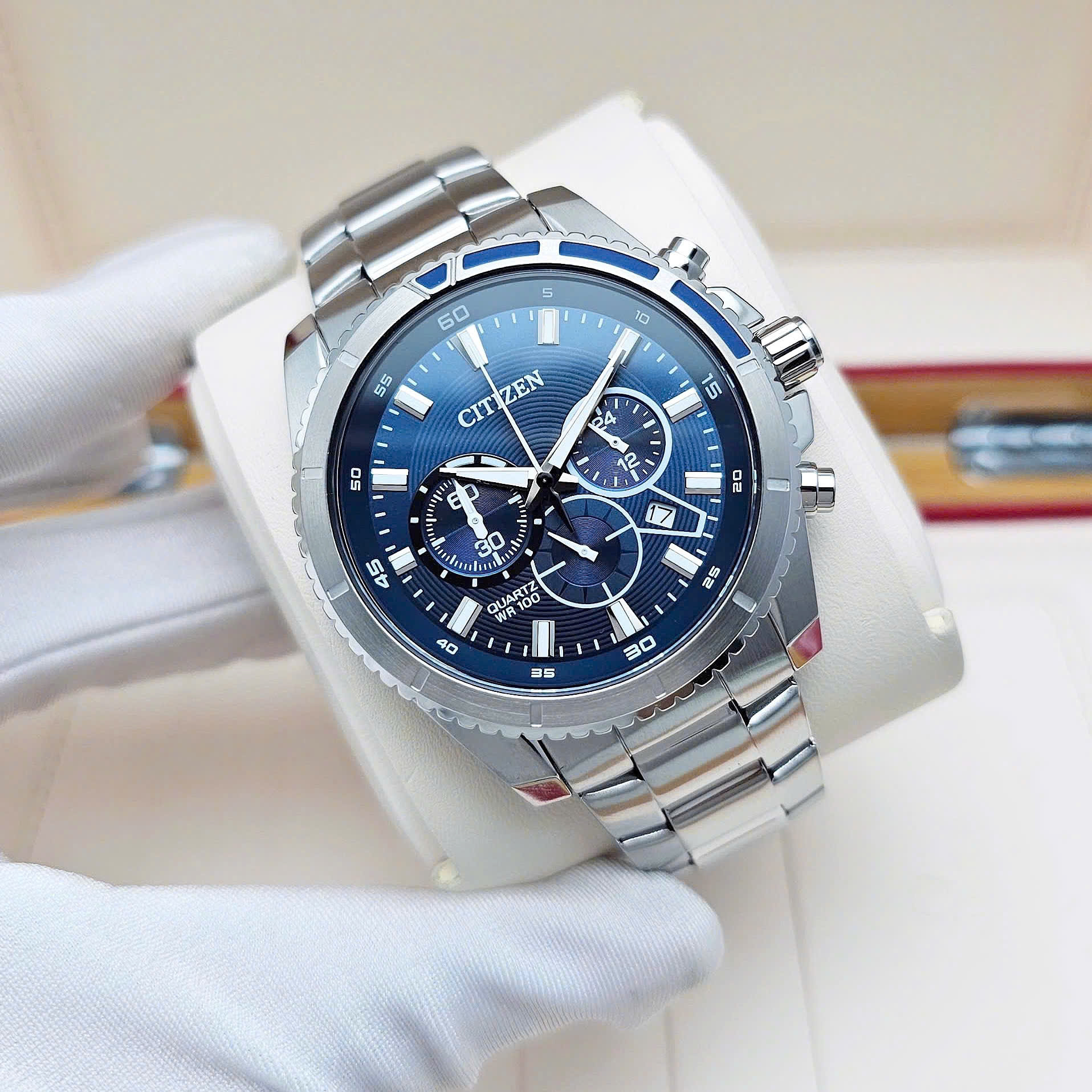【CITIZEN 星辰】商務個性 銀藍 真三眼 計時 日期 夜光 不鏽鋼 手錶 AN8201-57L