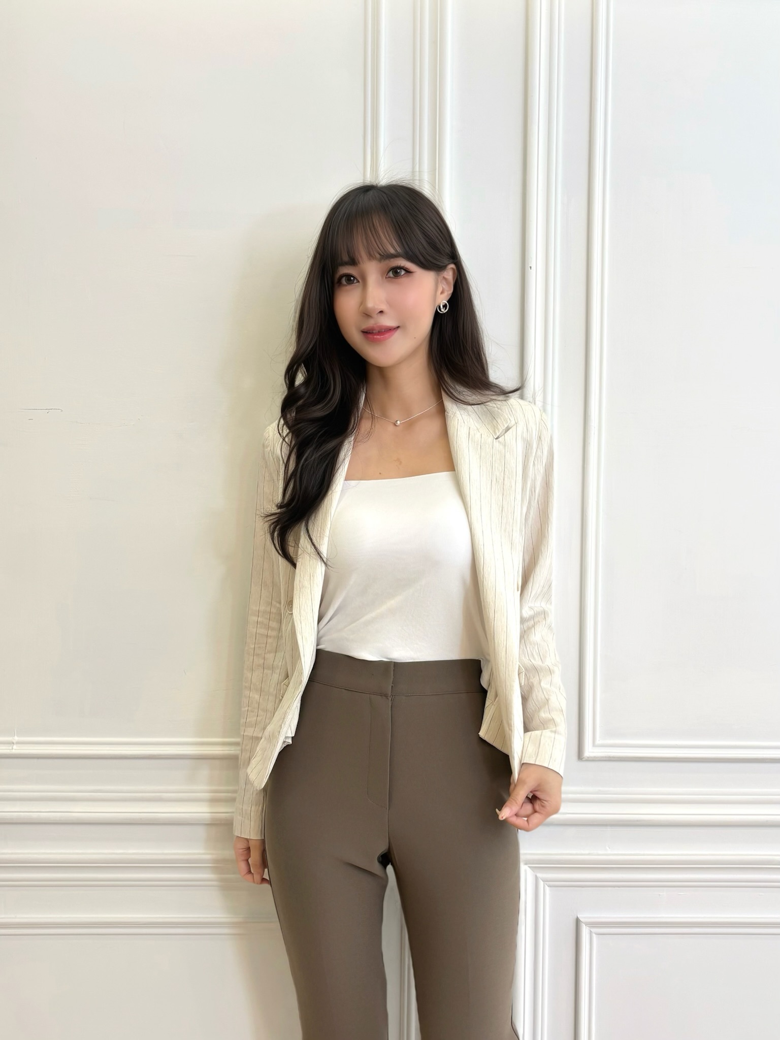 棉麻直條紋收腰西裝外套
