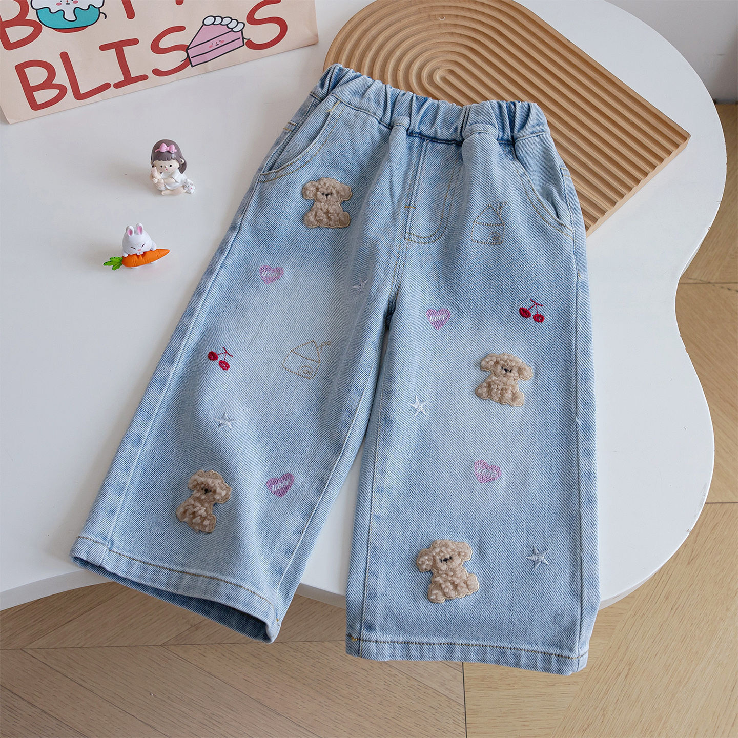 【H0792】甜美貼布刺繡小狗牛仔直筒褲(90-130)