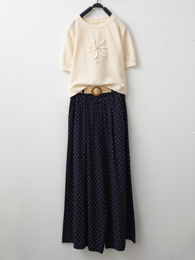 珍珠刺繡圓領上衣棉麻感點點九分寬褲組合