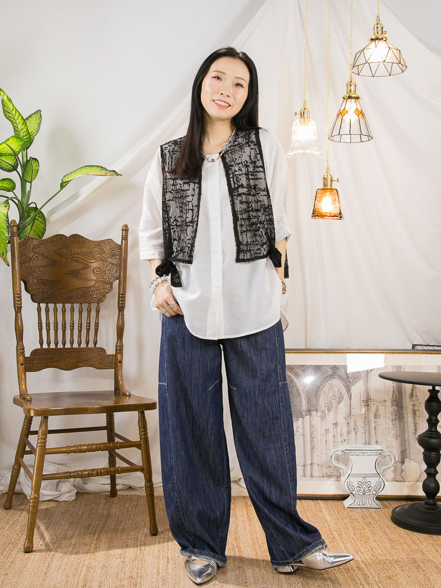 全開胸扣鈕．滑滑麻棉料 拼 LACE．假兩件TOP