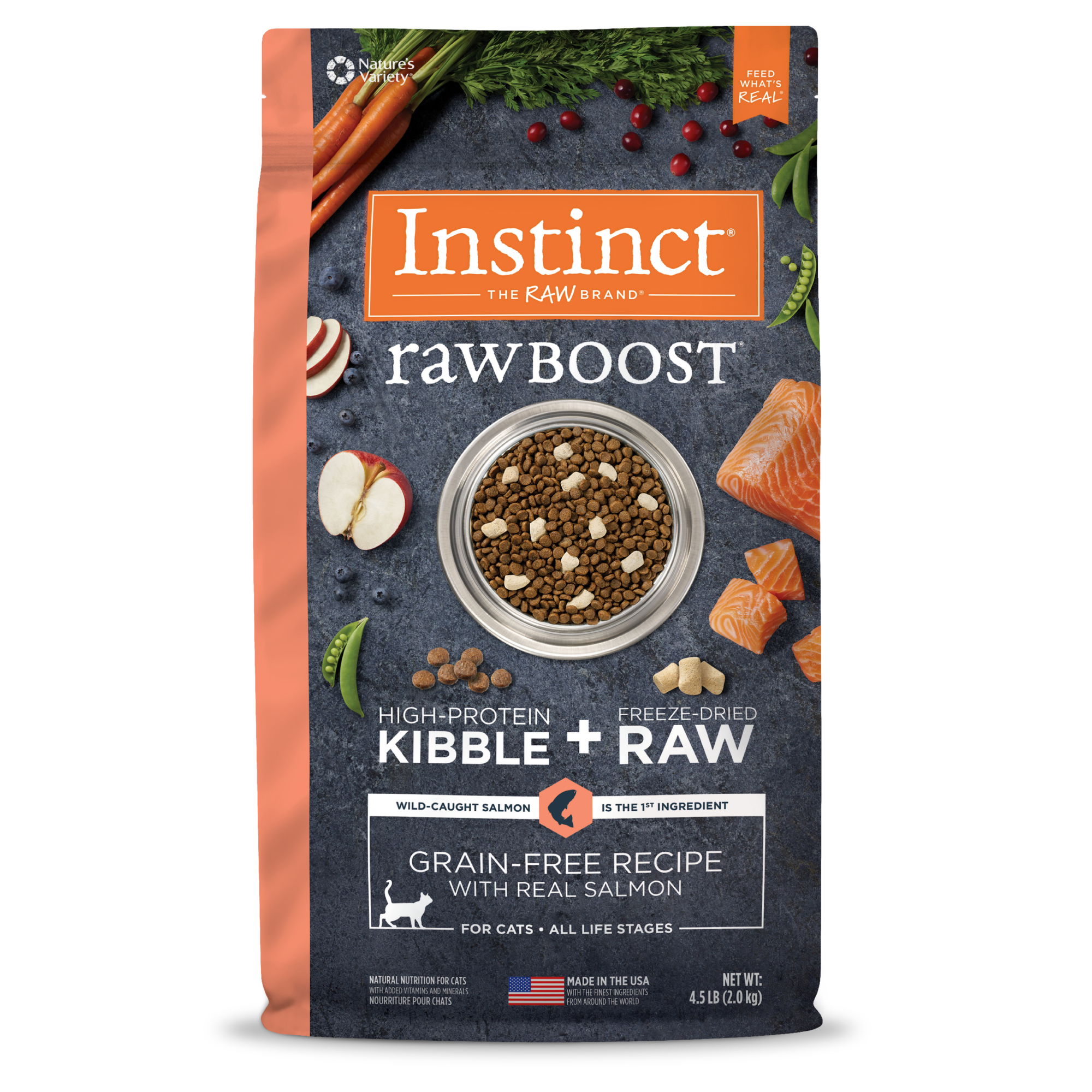 Instinct Raw Boost 凍乾生肉粒無穀物貓糧| 三文魚 4.5 lb| 全貓配方