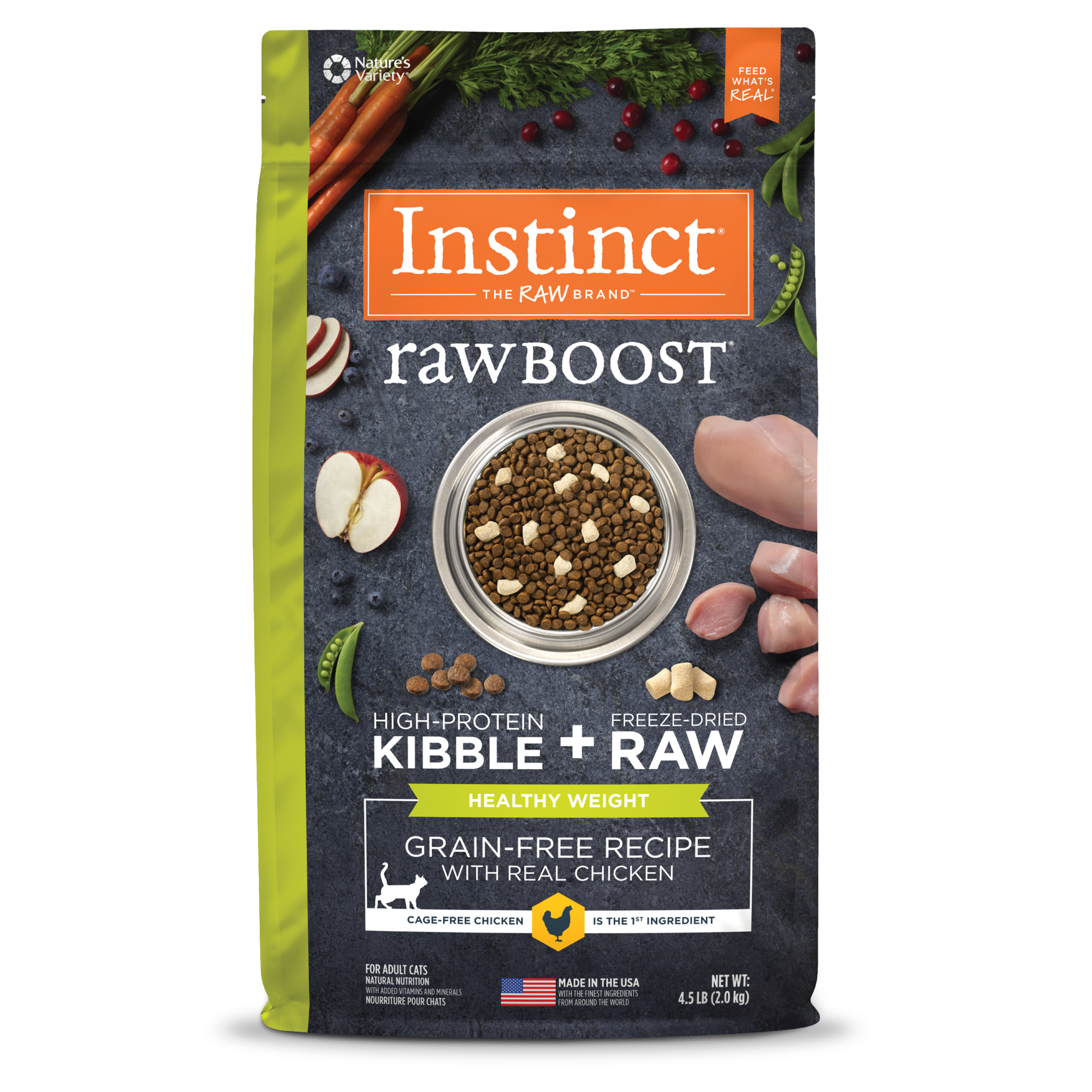 Instinct Raw Boost 凍乾生肉粒無穀物貓糧| 雞肉 4.5 lb| 貓用體重控制重配方