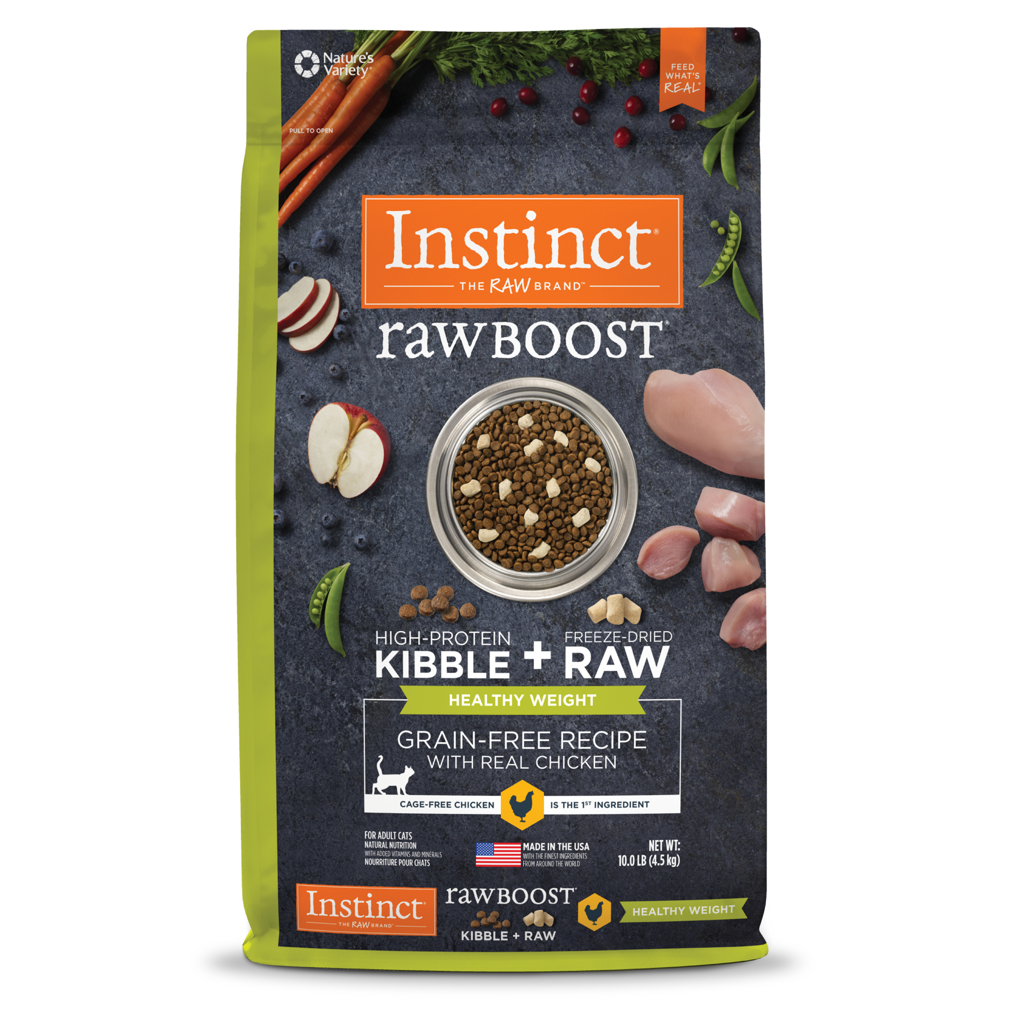 Instinct Raw Boost 凍乾生肉粒無穀物貓糧| 雞肉 10lb| 貓用體重控制重配方