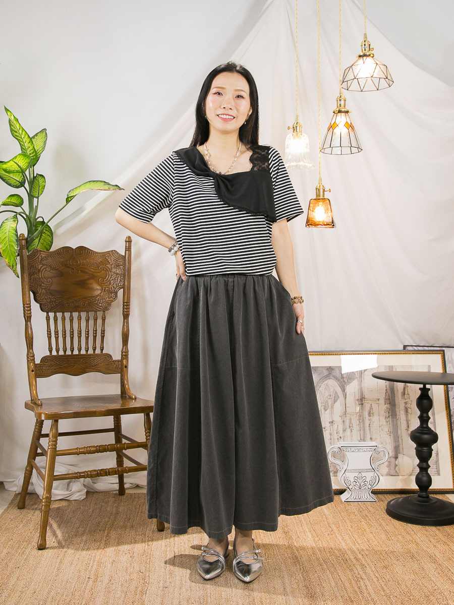 領位斜蝴蝶結 LACE．橫間COTTON料TOP