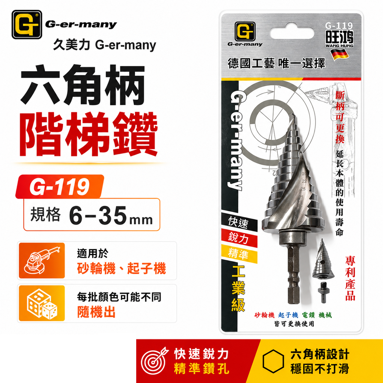 久美力｜6-35mm｜M35高鈷替換式螺旋階梯鑽 替換柄式階梯鑽 六角軸階梯鑽頭 六角柄階梯鑽尾｜G-119