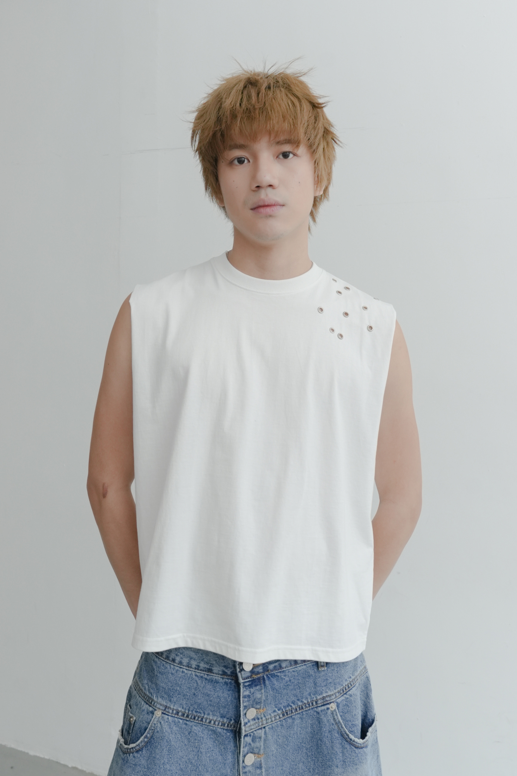 16s eyelet shoulder sleeveless top #背心