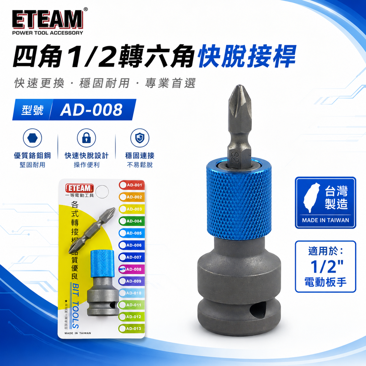 ETEAM 一等｜4分套筒轉起子頭 1/2"轉6.35mm 四分套筒轉六角快脫轉接頭 四⾓轉六⾓快脱套筒頭｜AD-008
