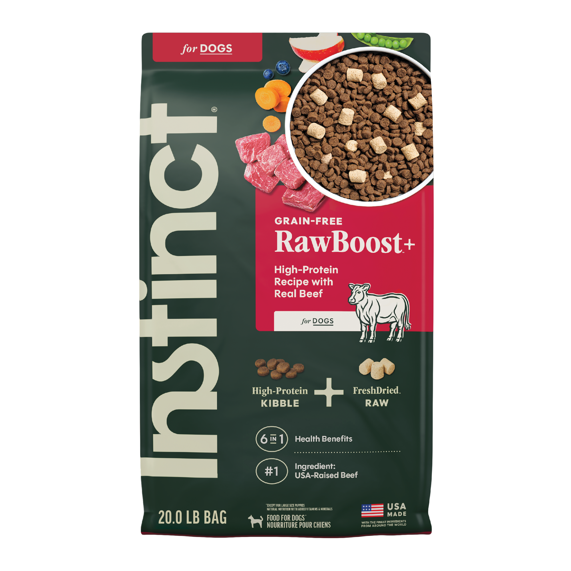 Instinct Raw Boost 凍乾生肉粒無穀物狗糧| 牛肉 20 lb| 全犬配方