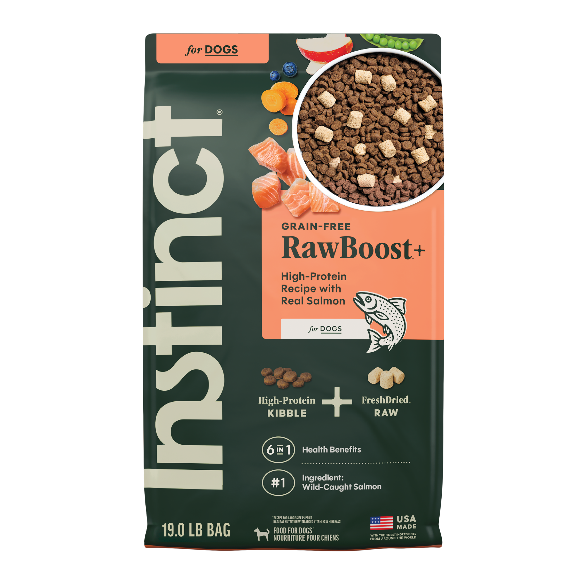 Instinct Raw Boost 凍乾生肉粒無穀物狗糧| 三文魚 19 lb| 全犬配方
