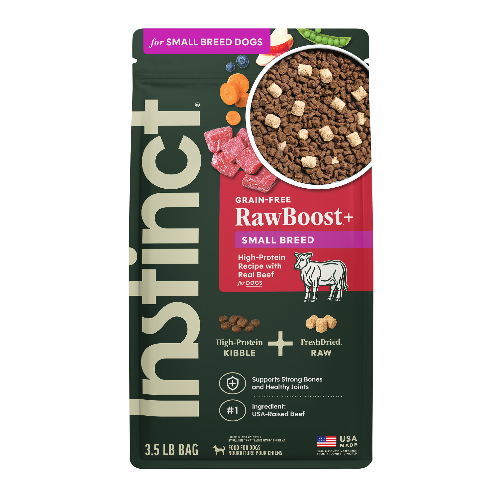 Instinct Raw Boost 凍乾生肉粒無穀物狗糧| 牛肉 3.5 lb| 小型犬配方