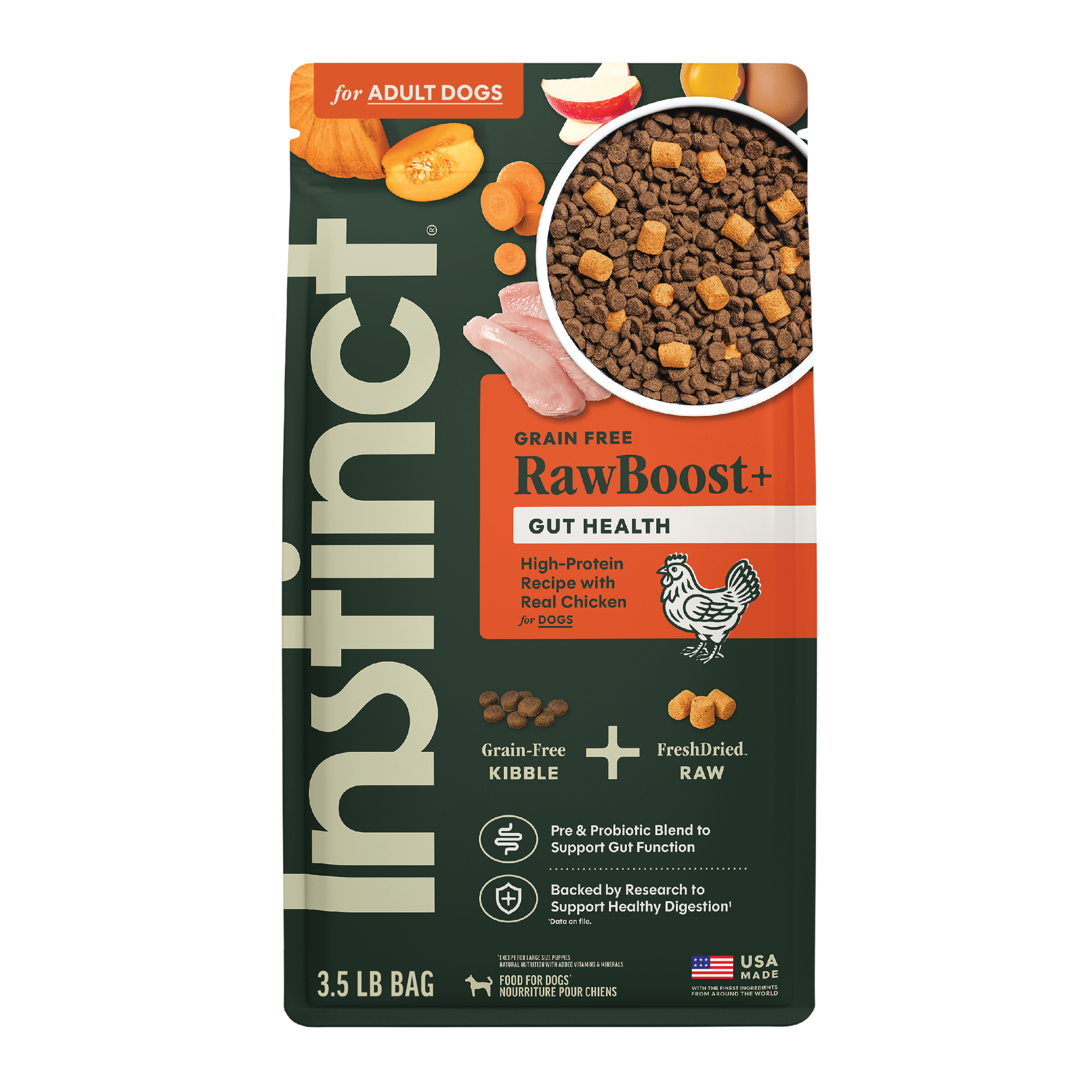Instinct Raw Boost 凍乾生肉粒無穀物狗糧| 雞肉 3.5 lb| 腸道健康配方