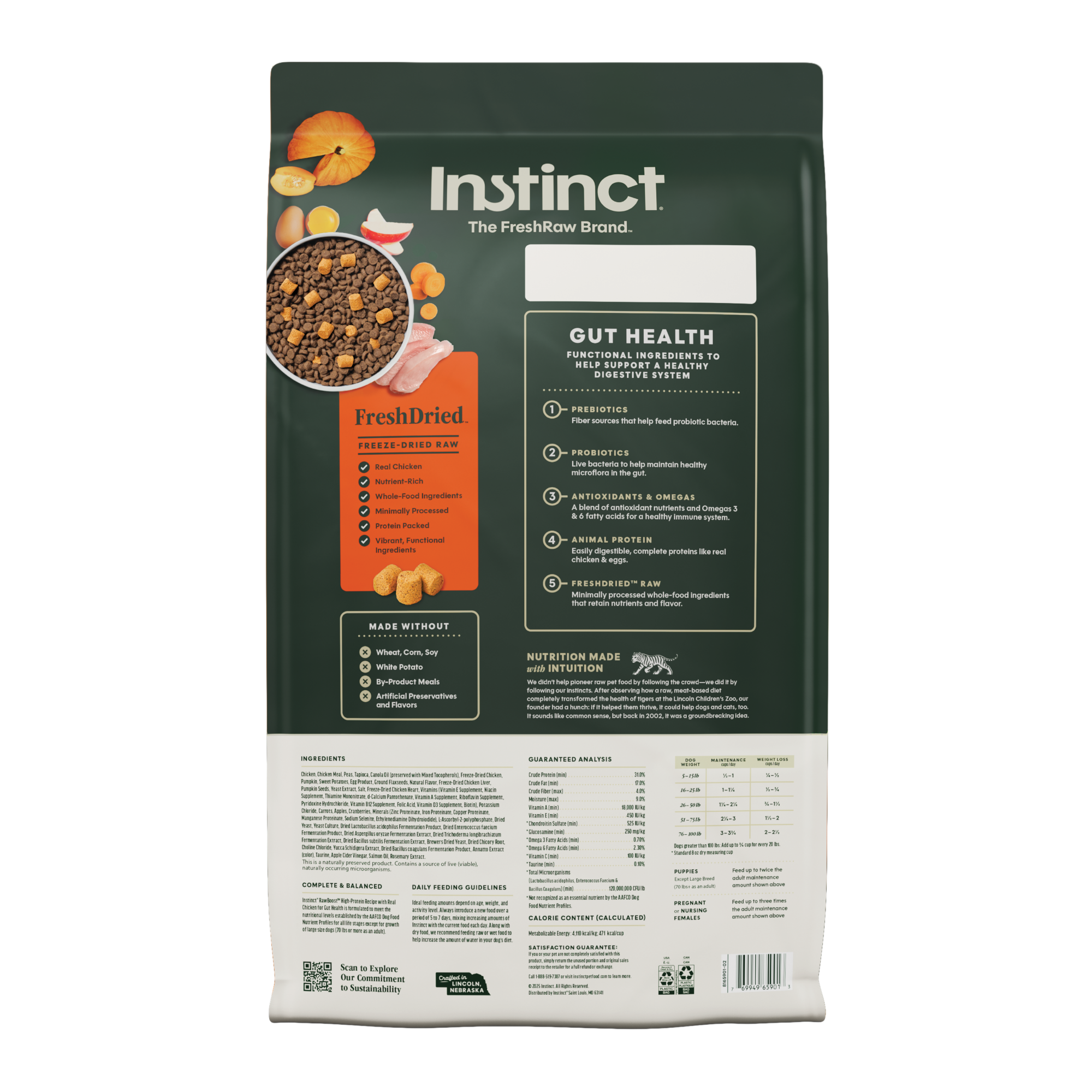 Instinct Raw Boost 凍乾生肉粒無穀物狗糧| 雞肉 18 lb| 腸道健康配方