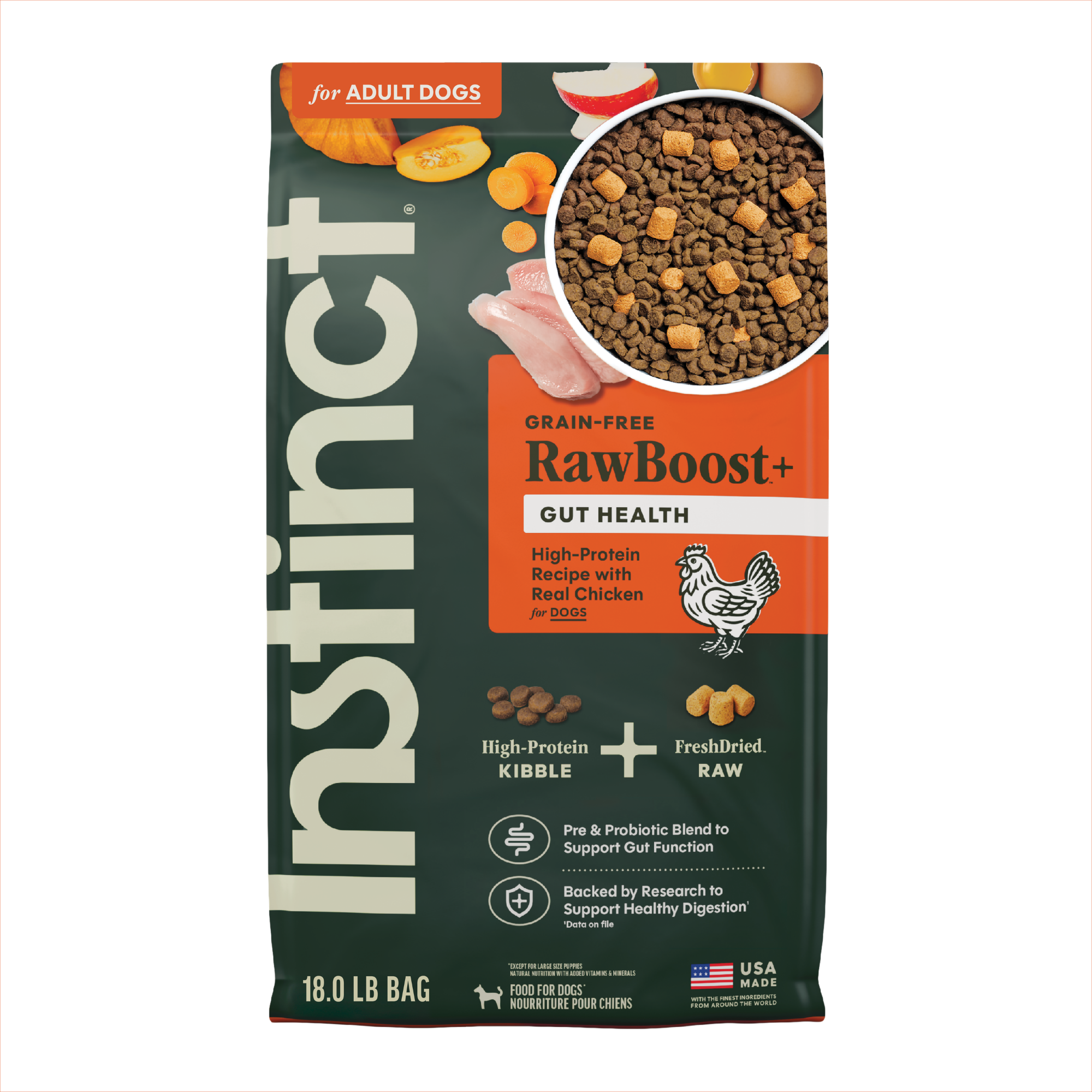 Instinct Raw Boost 凍乾生肉粒無穀物狗糧| 雞肉 18 lb| 腸道健康配方