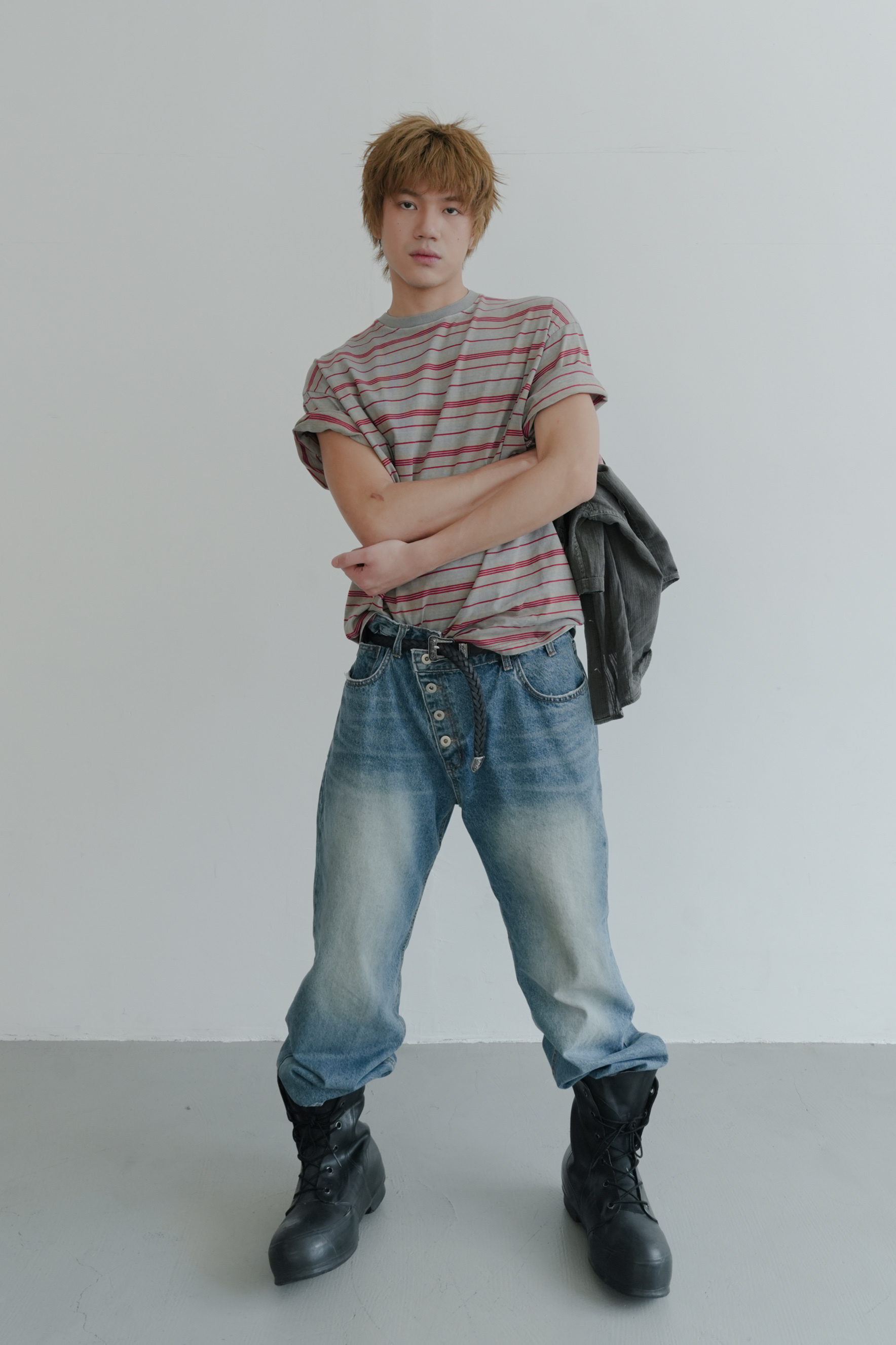 diagonal 4-button straight jeans #牛仔褲