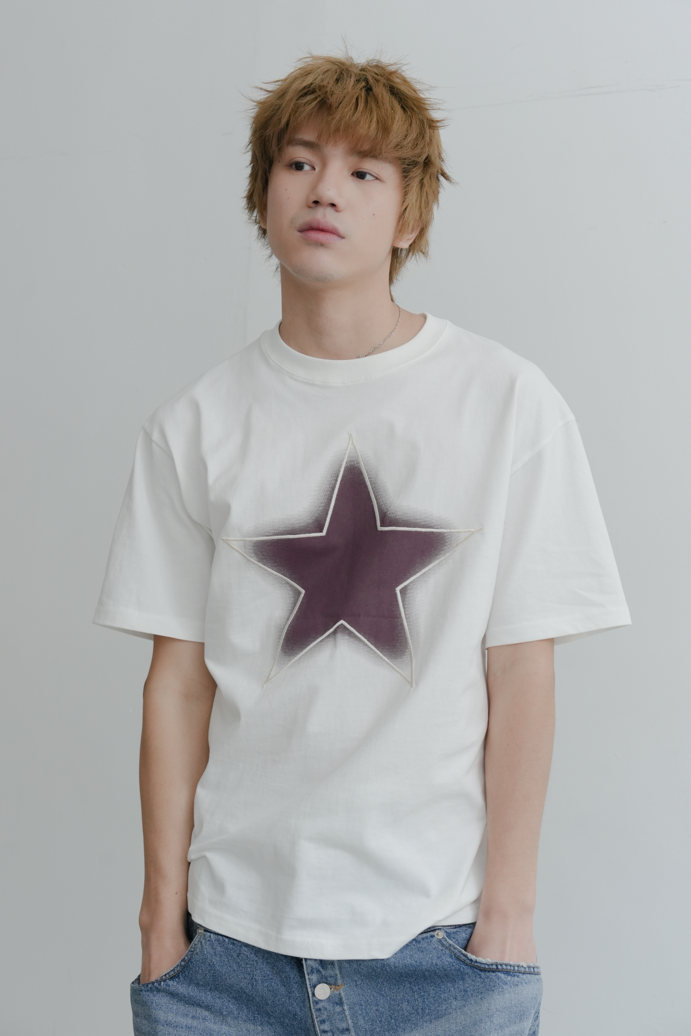 star embroidery print box tee #上衣