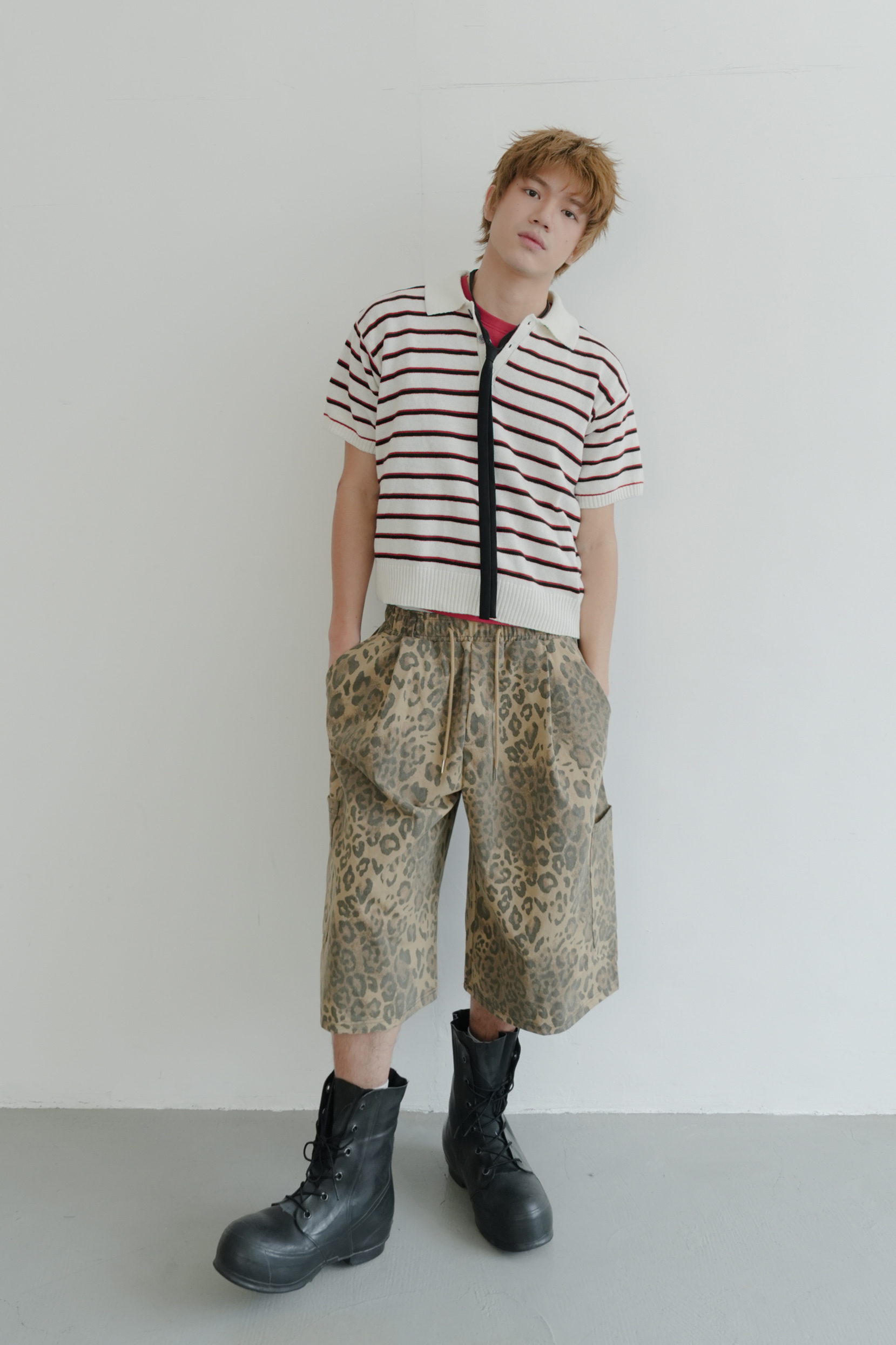striped crop collar knit #上衣