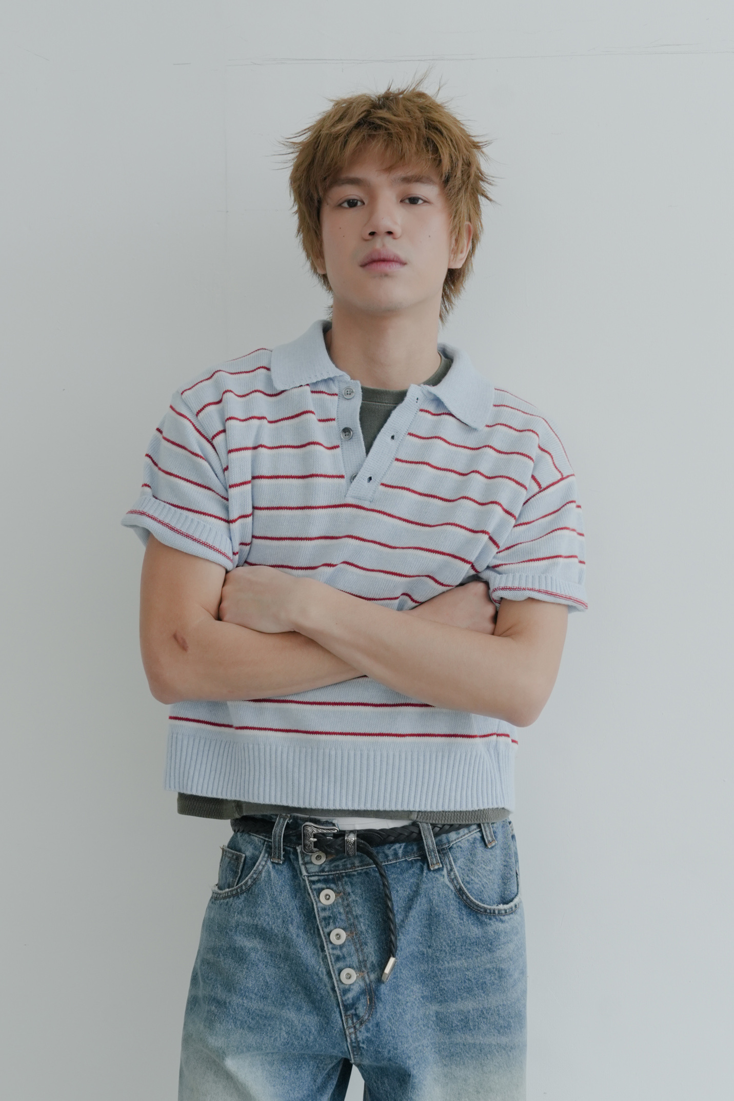 striped crop collar knit #上衣