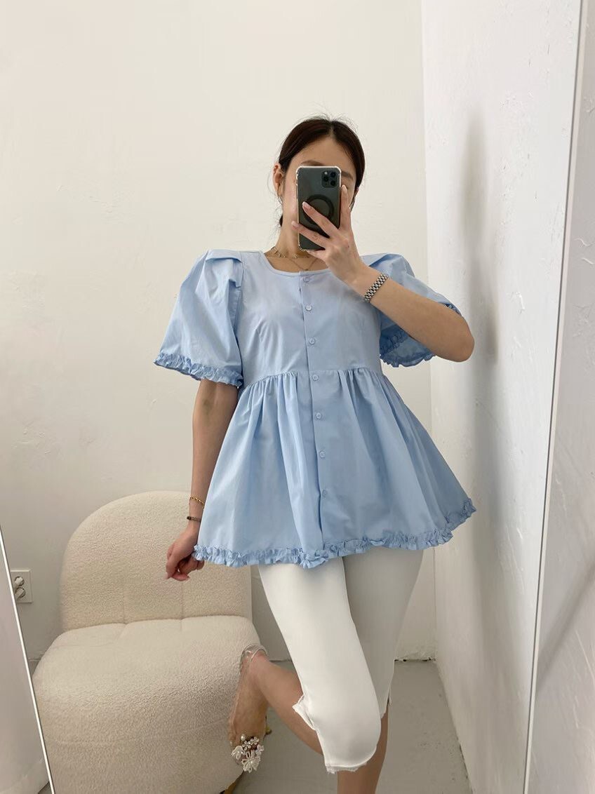 公主袖娃娃傘擺長襯衫
