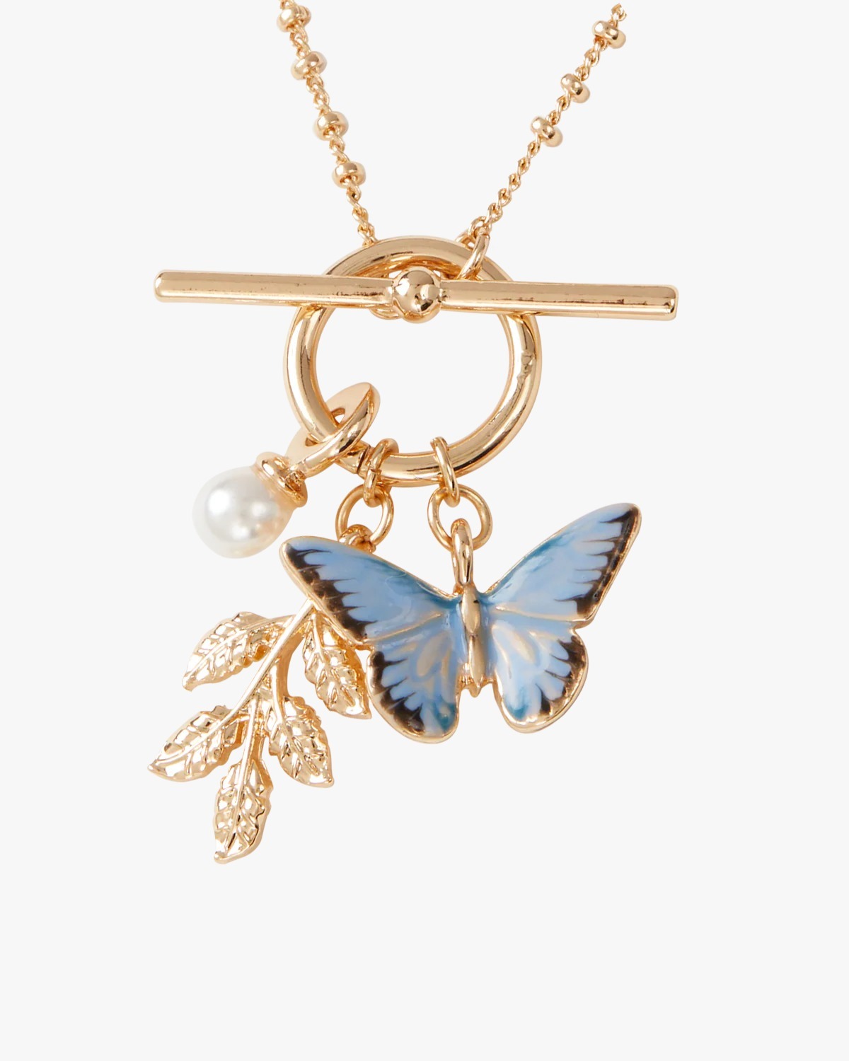 英國代購 -FABLE ENGLAND Enamel Blue Butterfly & Leaf Charm Necklace