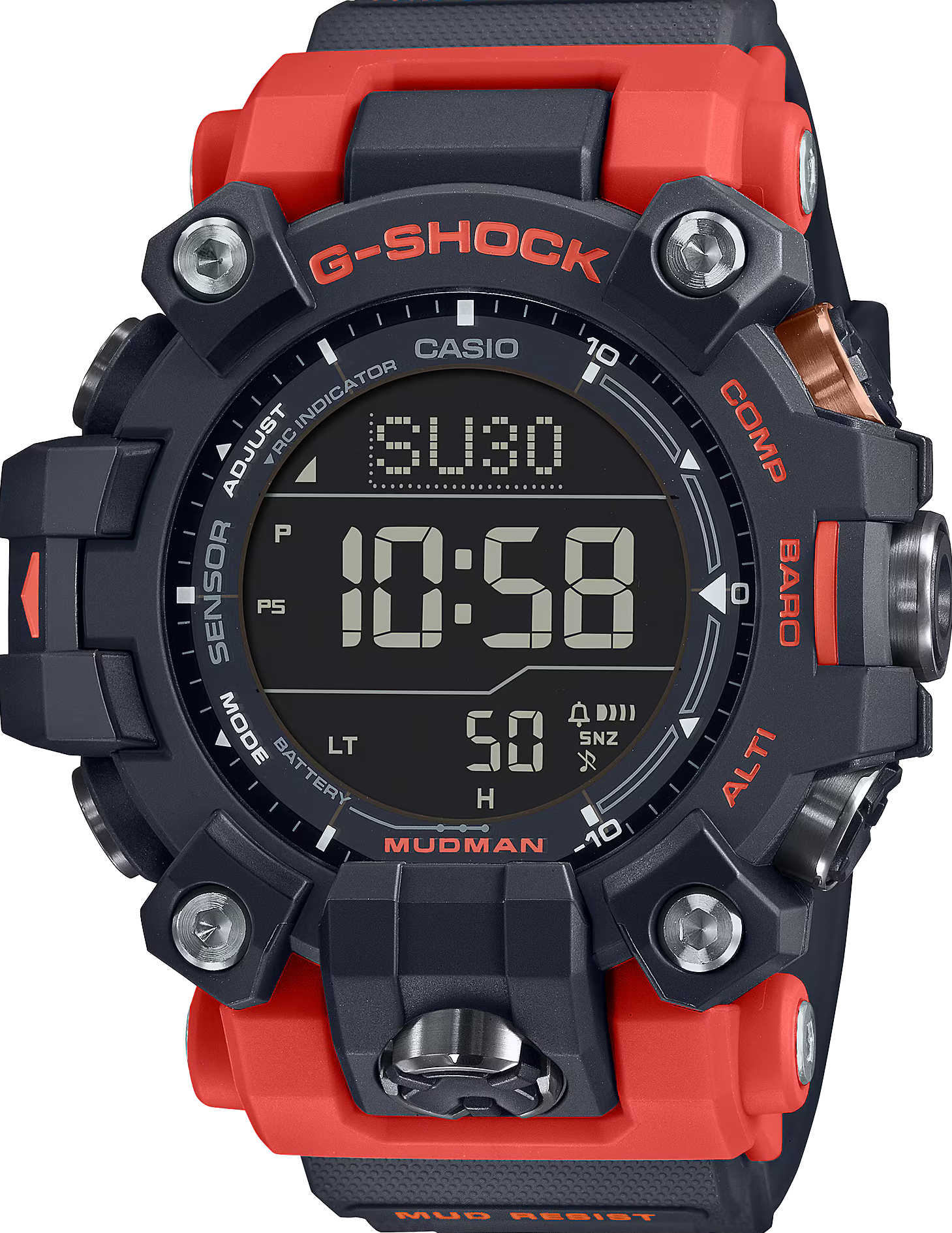 萬年鐘錶 - G-SHOCK  MASTER OF G - LAND MUDMAN 紅色泥人戶外太陽能電波運動電子錶 GW-9500-1A4 錶徑 : 52.7mm