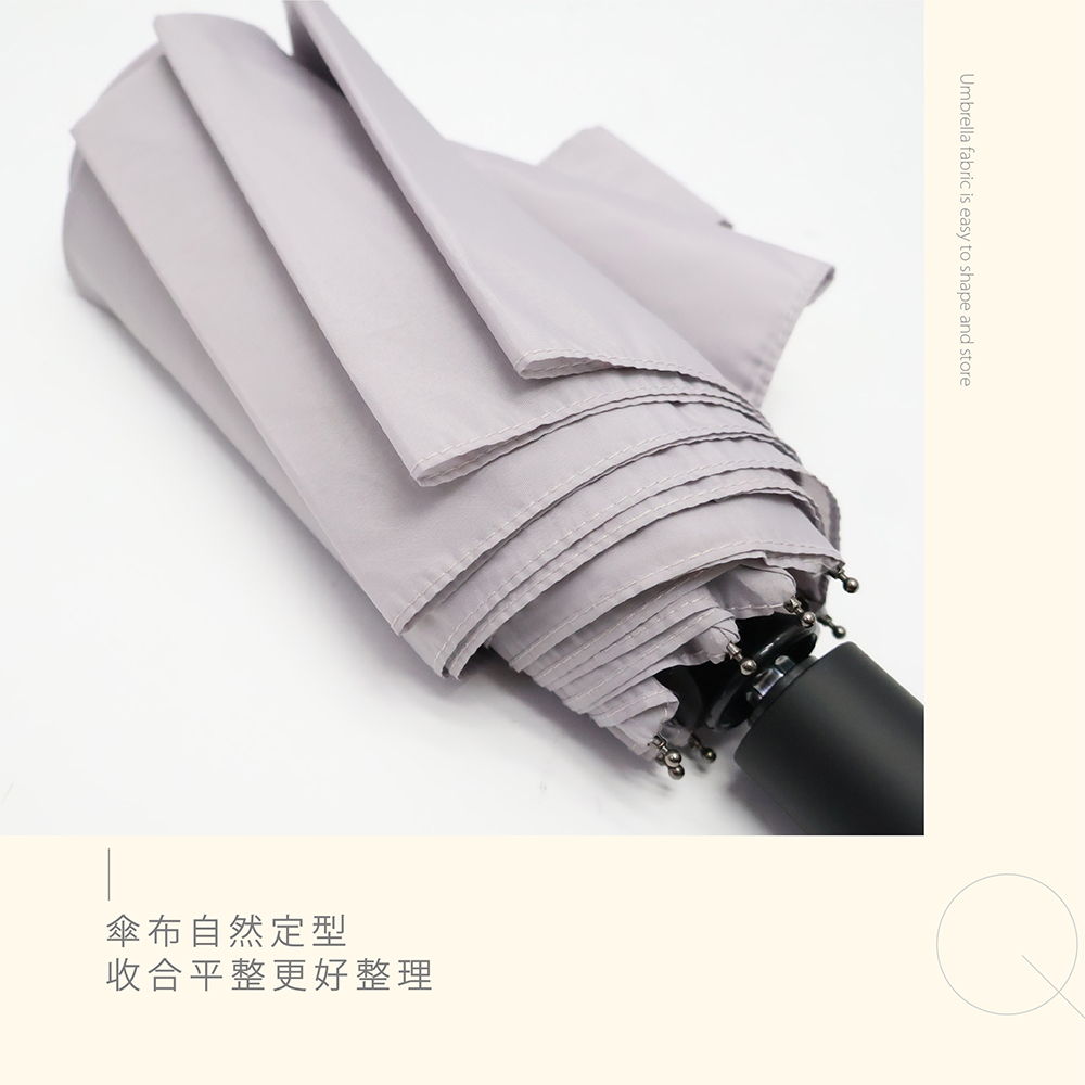 傘布自然定型，收合平整更好整理。近距離特寫定型紗自動傘的折痕細節，展示記憶紗材質。