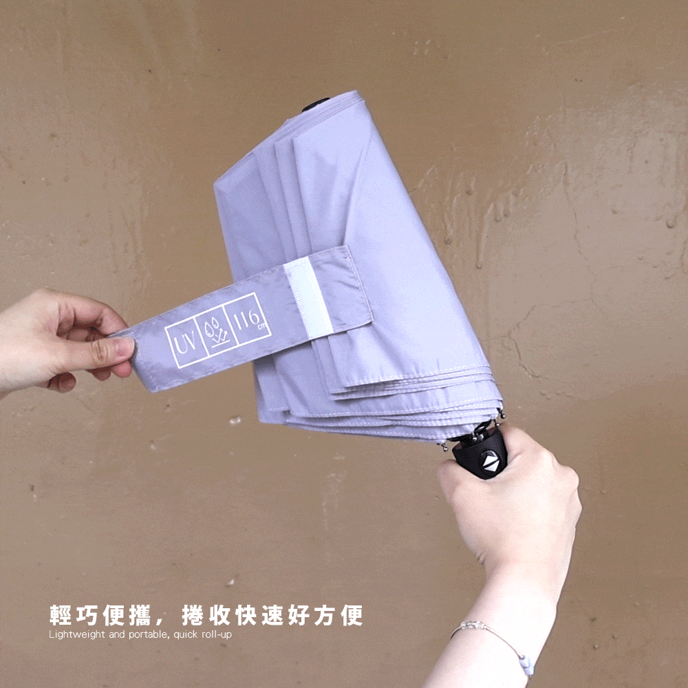 輕巧便攜，捲收快速好方便。展示單手捲收 116cm 大傘面自動傘，體積縮小方便放入包包。
