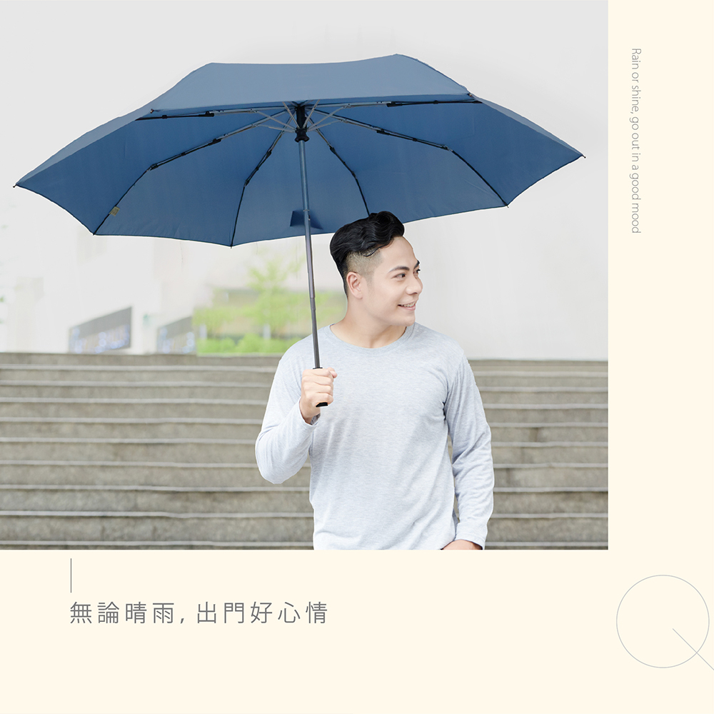 無論晴雨，出門好心靈。型男模特兒撐起大傘面自動傘展示，強調超大遮蔽空間與防曬機能。