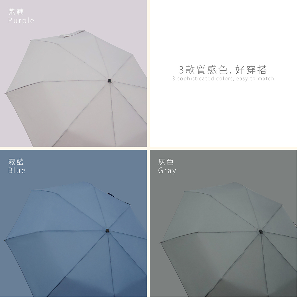 3 款質感色，好穿搭。展示紫藕 (Purple)、霧藍 (Blue)、灰色 (Gray) 三種莫蘭迪色系傘面。