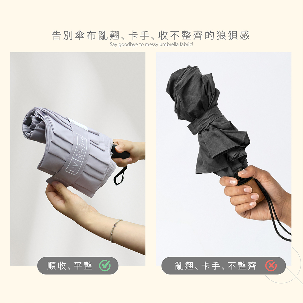 告別傘布亂翹、卡手、收不整齊的狼狽感。定型紗自動傘與傳統傘收合對比，呈現順收平整的俐落感。