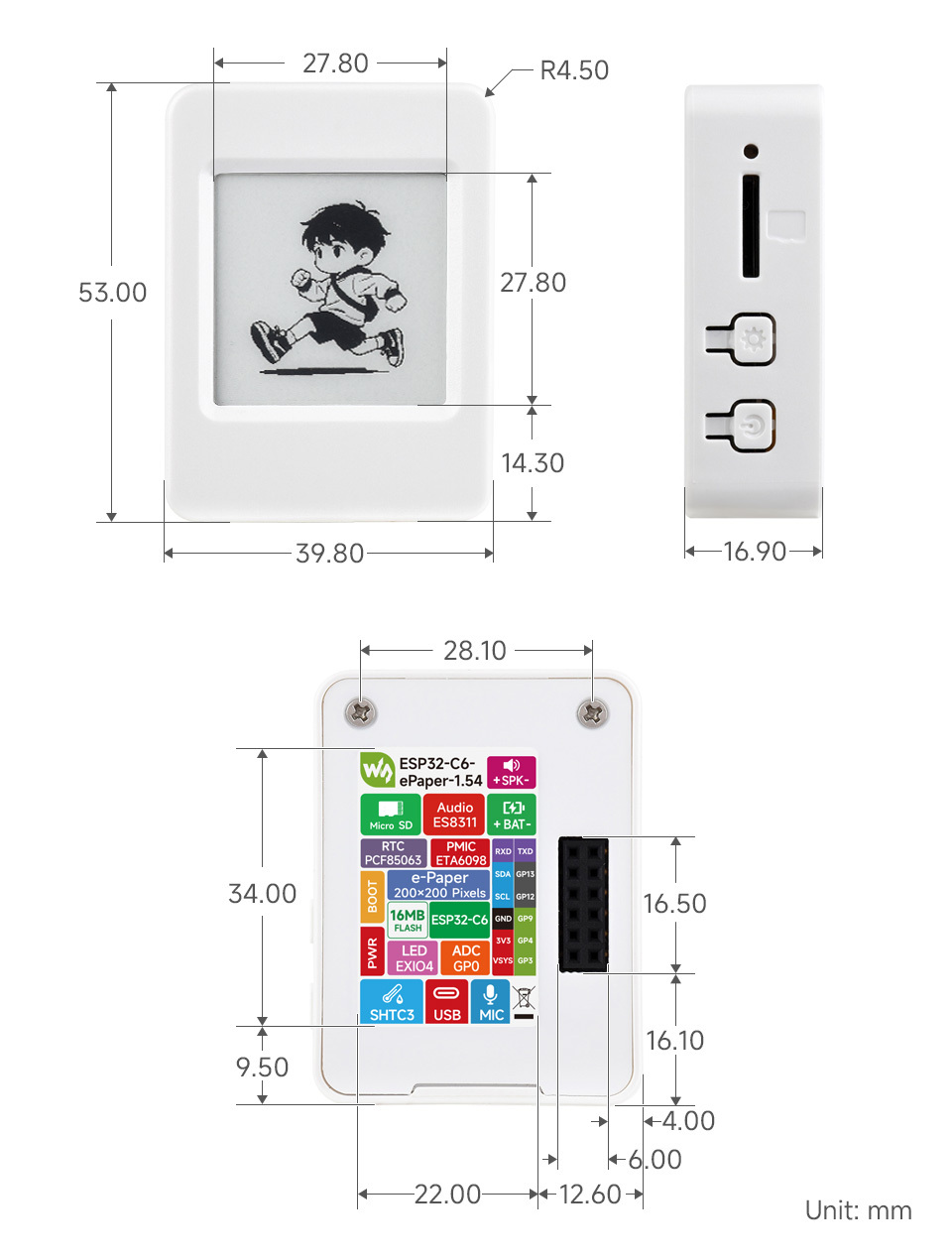 ESP32-C6 1.54吋 e-Paper AIoT 電子紙開發板,尺寸規格