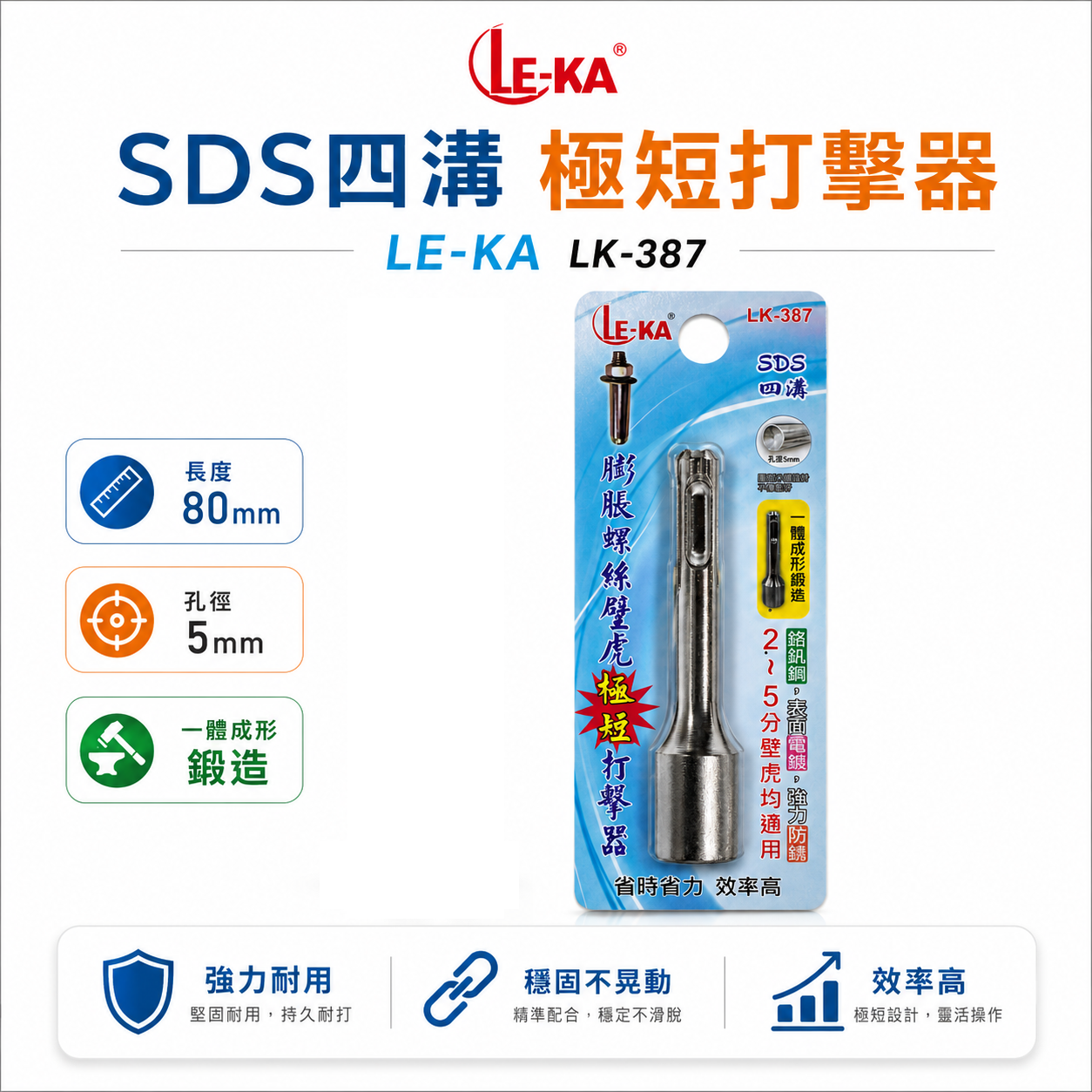 升級款 LE-KA｜LK-387 SDS 四溝膨脹螺絲壁虎｜2–5分通用｜一體成形鍛造｜高強度防鏽壁虎打擊器｜長 80mm 穩定耐用