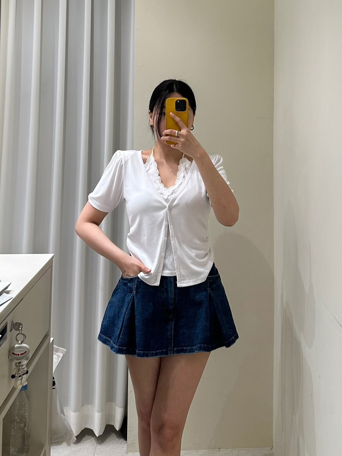 綁脖蕾絲開釦假兩件T