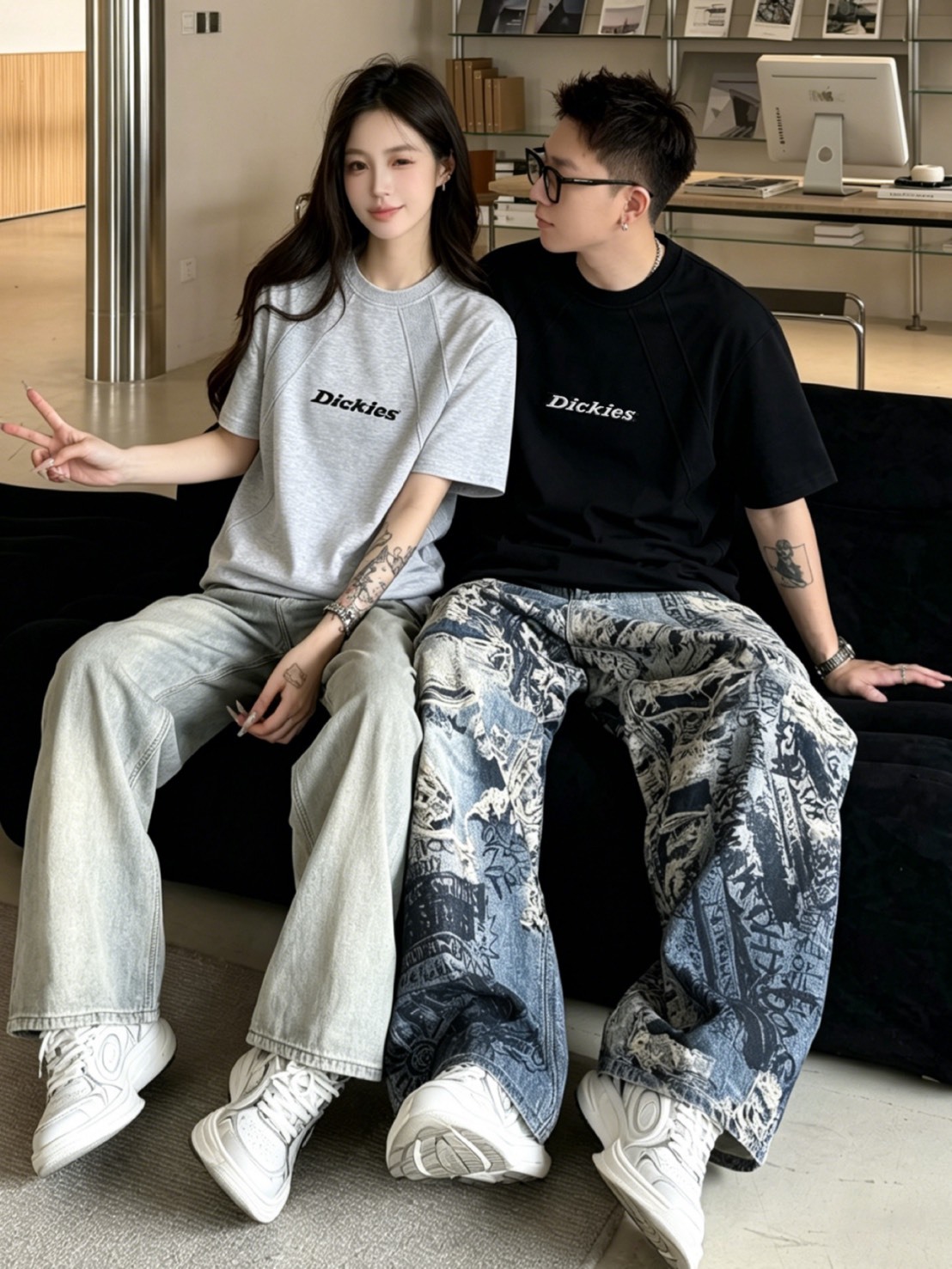 DICKIES 美式復古 拼接 刺繡 線條 短袖 男女同款