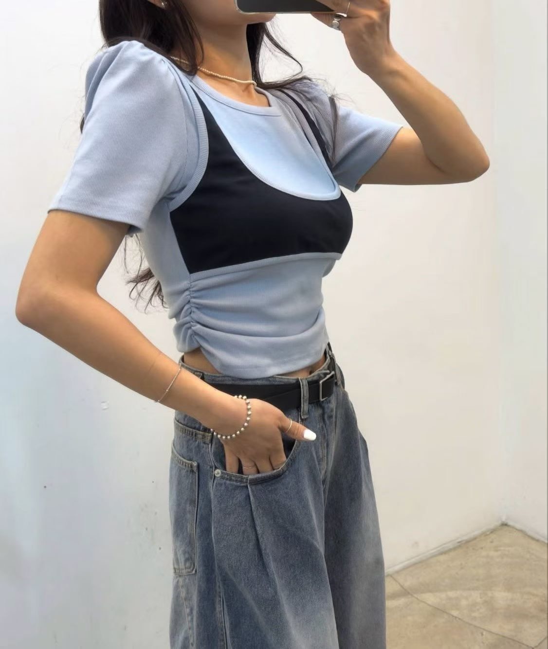 假背心側抓褶短T