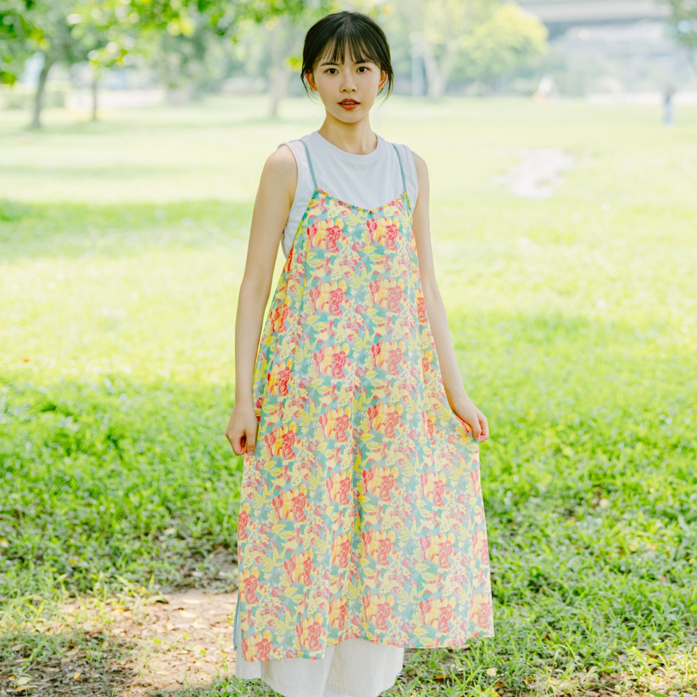 印花樂透膚細吊帶洋裝/台灣原生樹/台灣欒樹