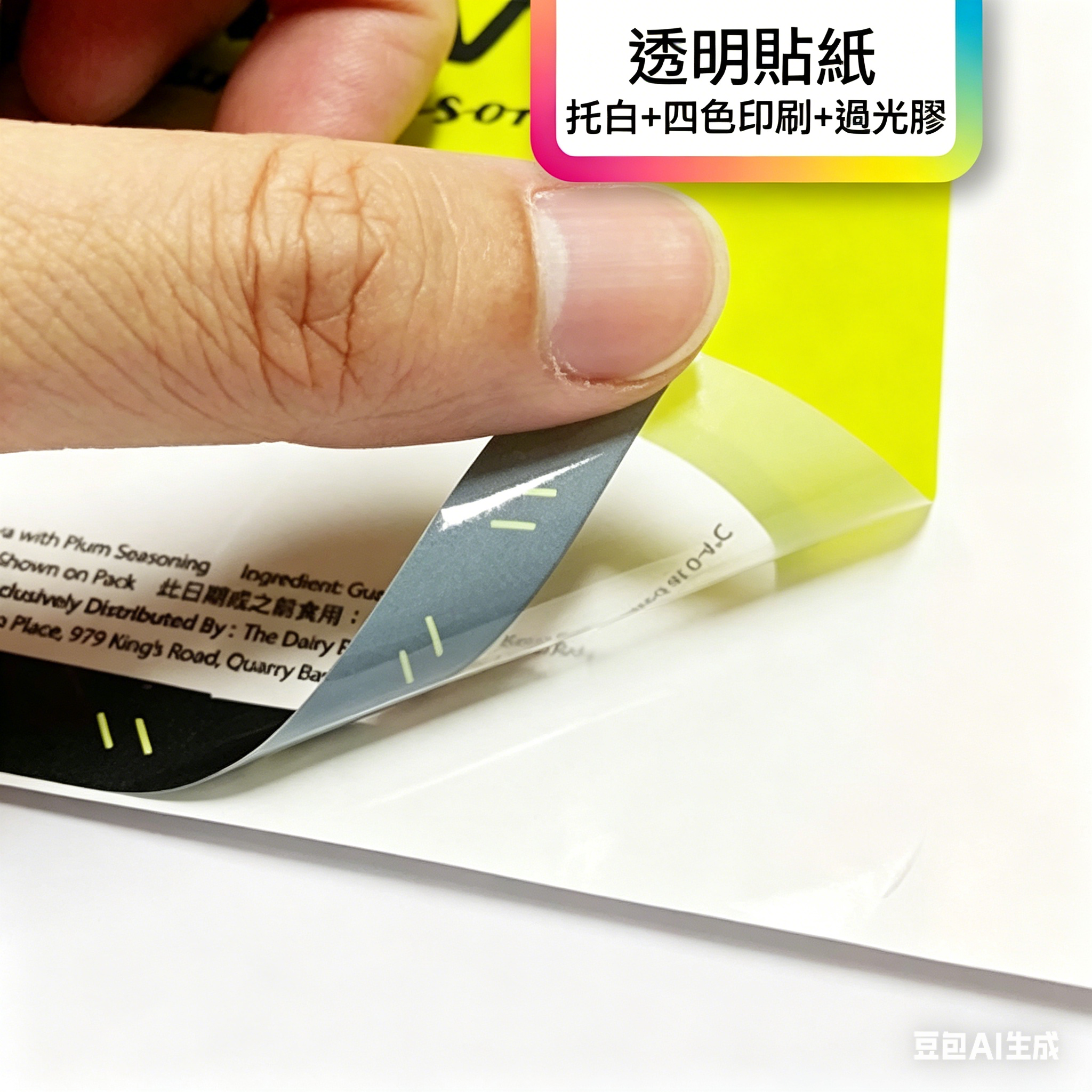 透明貼紙, 印刷, 托白, CMYK, 四色印刷, 包裝貼紙,過光膠