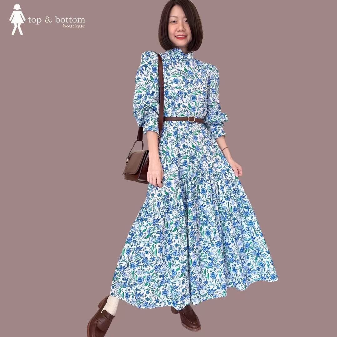 LONG SLEEVE HIGH NECK FLORAL LONG DRESS