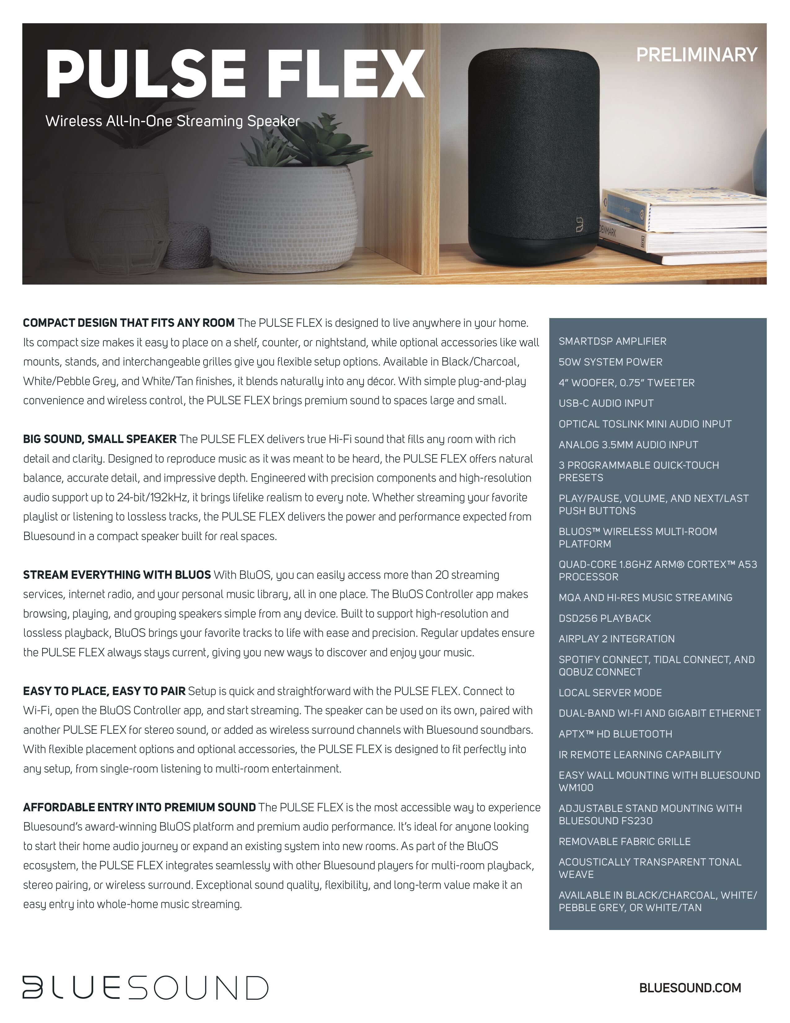 Bluesound PULSE FLEX Wireless All-In-One Music Streaming Speaker product sheet pg1
