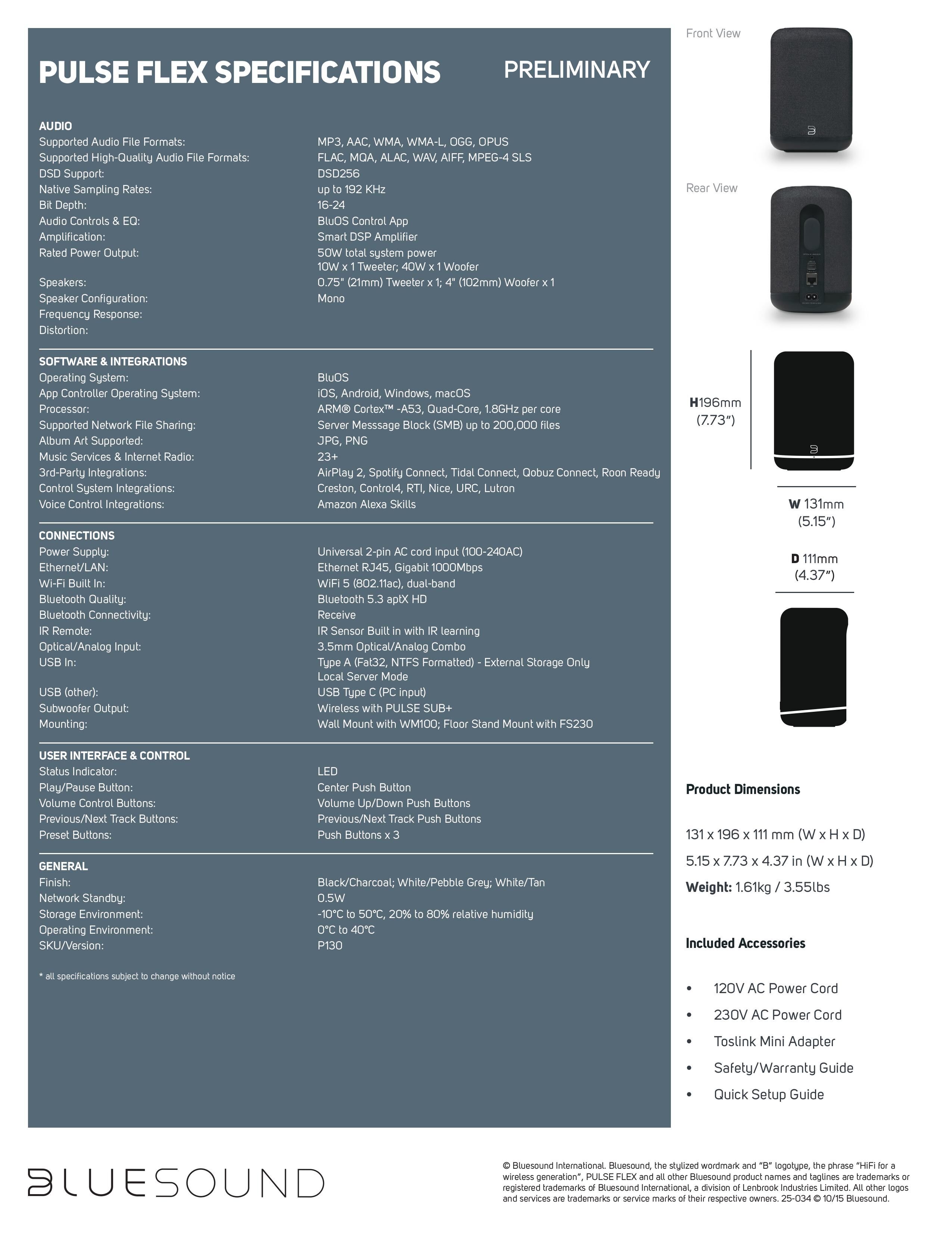Bluesound PULSE FLEX Wireless All-In-One Music Streaming Speaker product sheet pg2