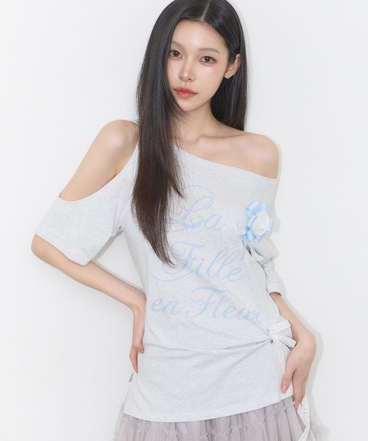 ILLIGO 鏤空玫瑰花結T恤 混色灰 26SMTOP24WML