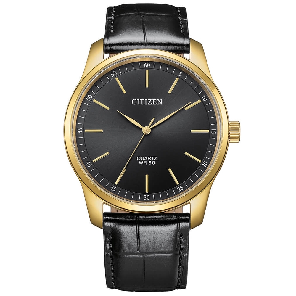 【CITIZEN 星辰】簡約百搭  金黑 真皮錶帶 手錶 BH5002-02E