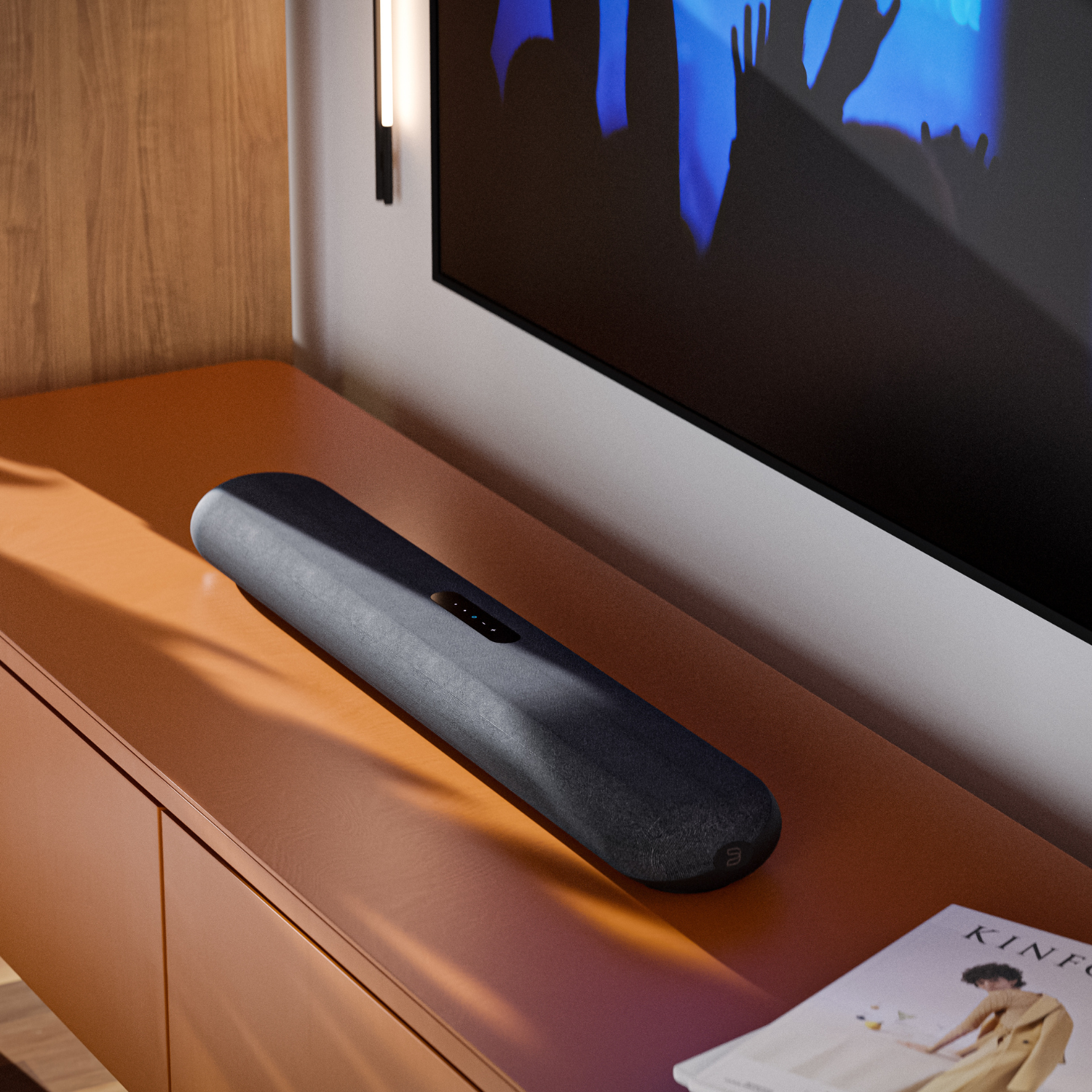 Bluesound PULSE CINEMA MINI Soundbar Black on cabinet closeup