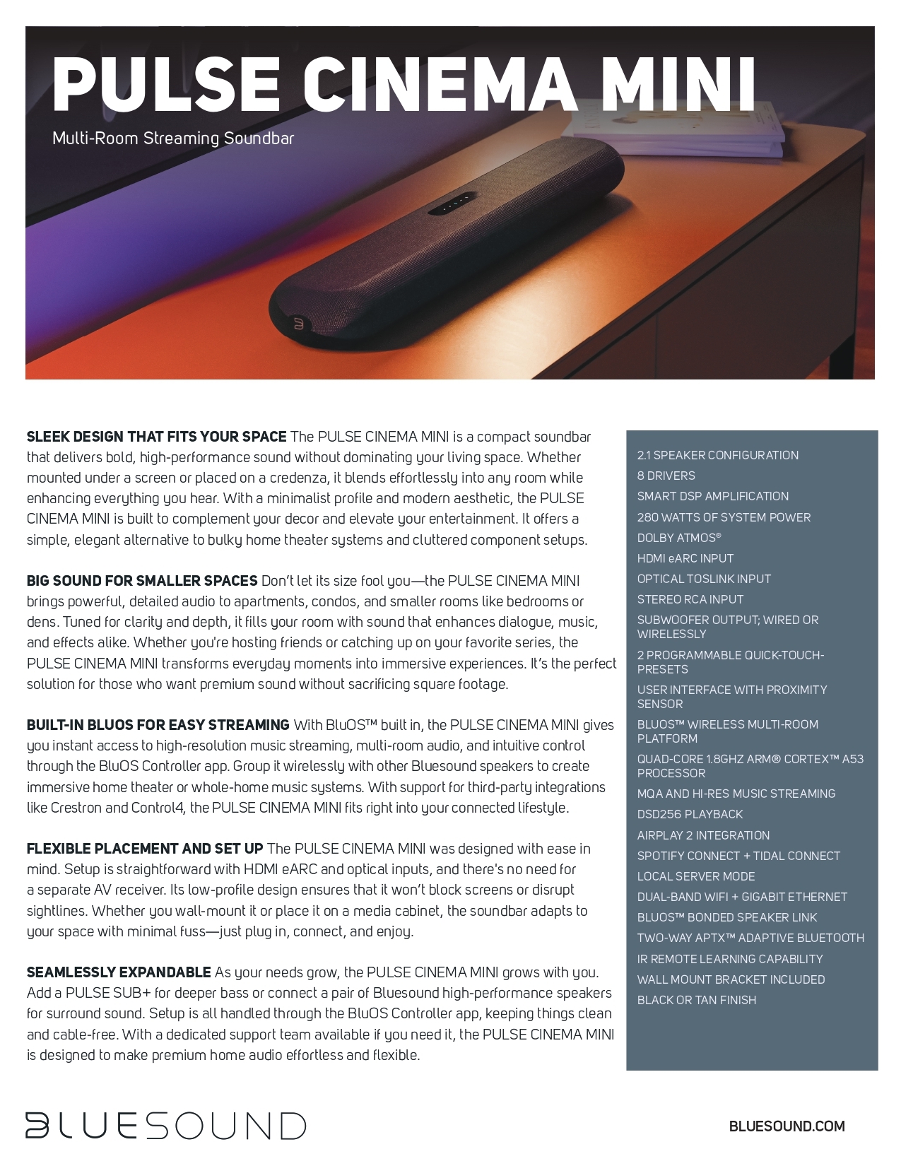 Bluesound PULSE CINEMA MINI Soundbar product sheet pg1