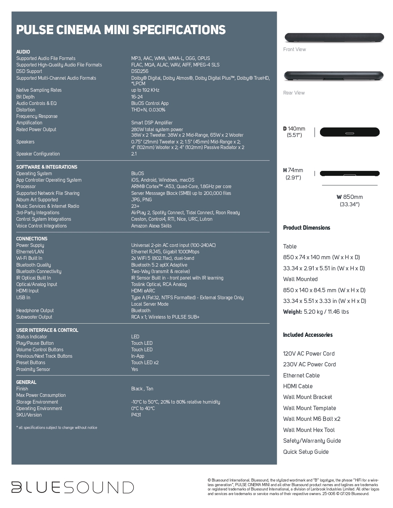 Bluesound PULSE CINEMA MINI Soundbar product sheet pg2