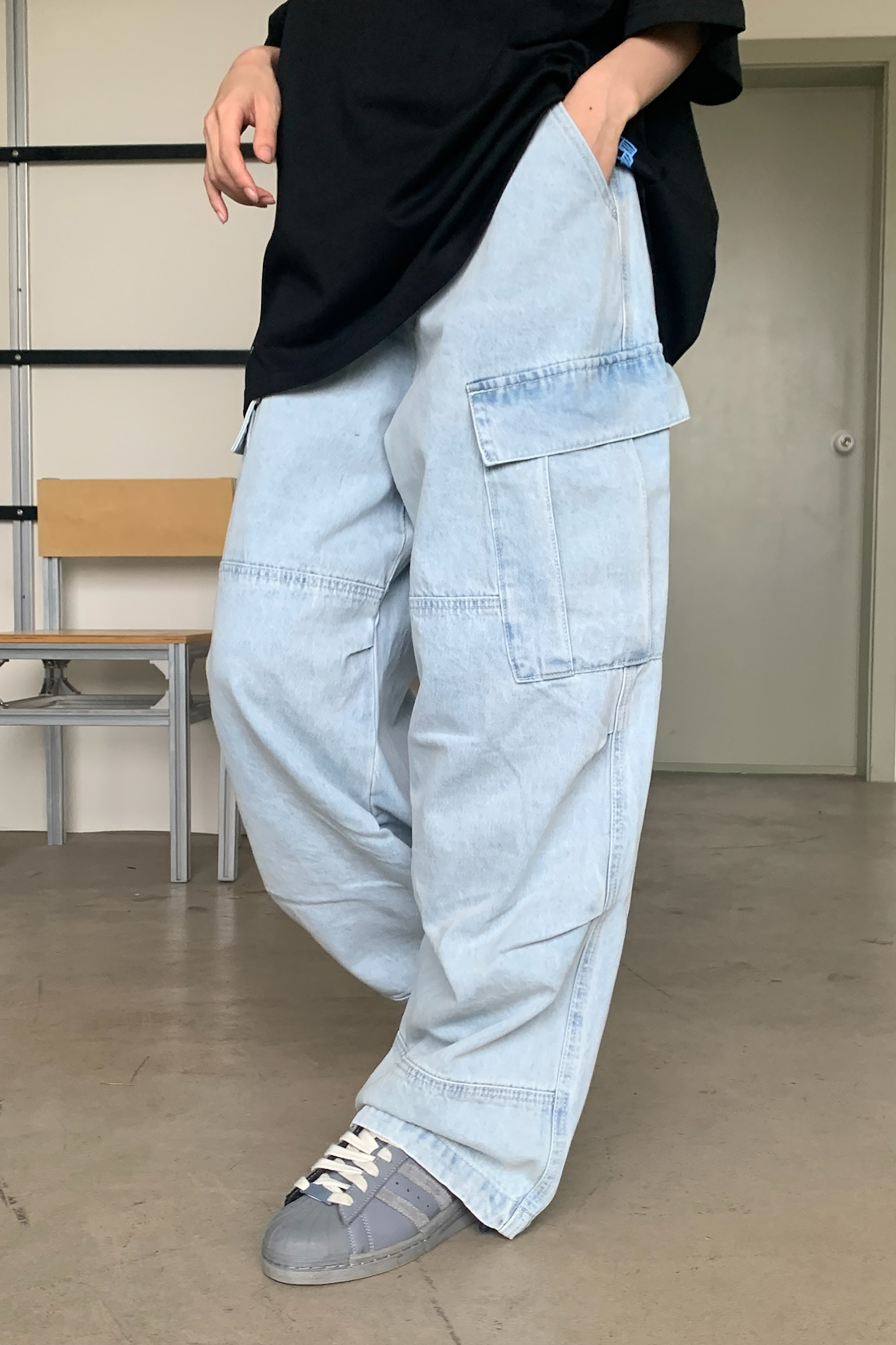 May｜半鬆緊腰打褶工裝牛仔褲