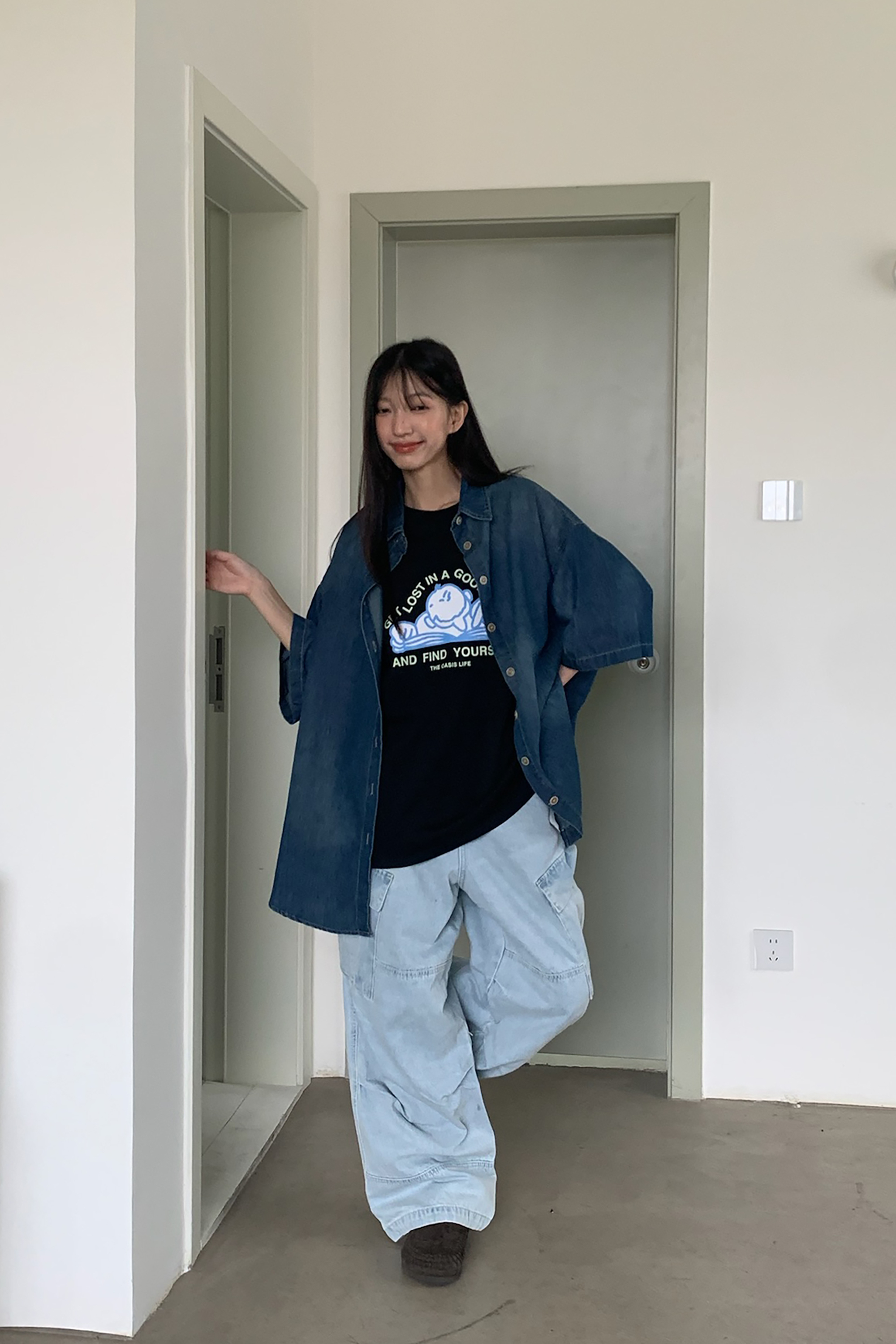 May｜半鬆緊腰打褶工裝牛仔褲